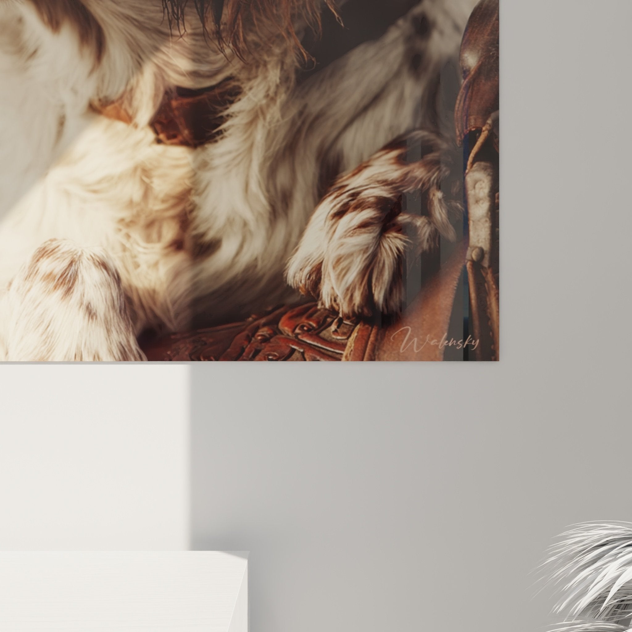 Vista d'insieme quadro spaniel bretone soggiorno decorazione murale stile naturale tonalità calde autentico