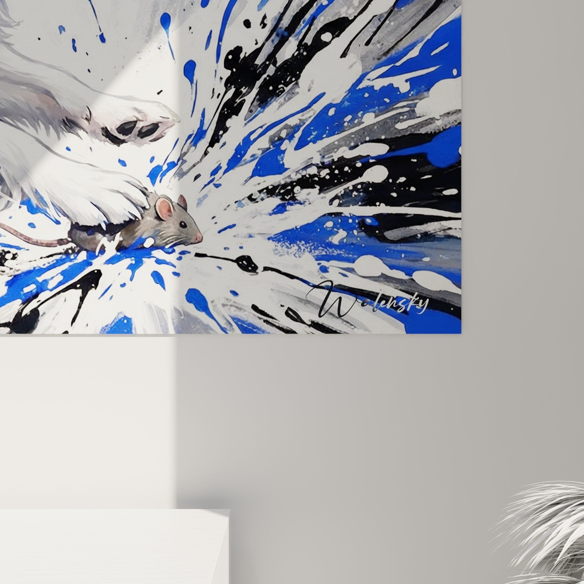 Vue ensemble tableau epagneul japonais mouvement explosion couleurs bleues art mural