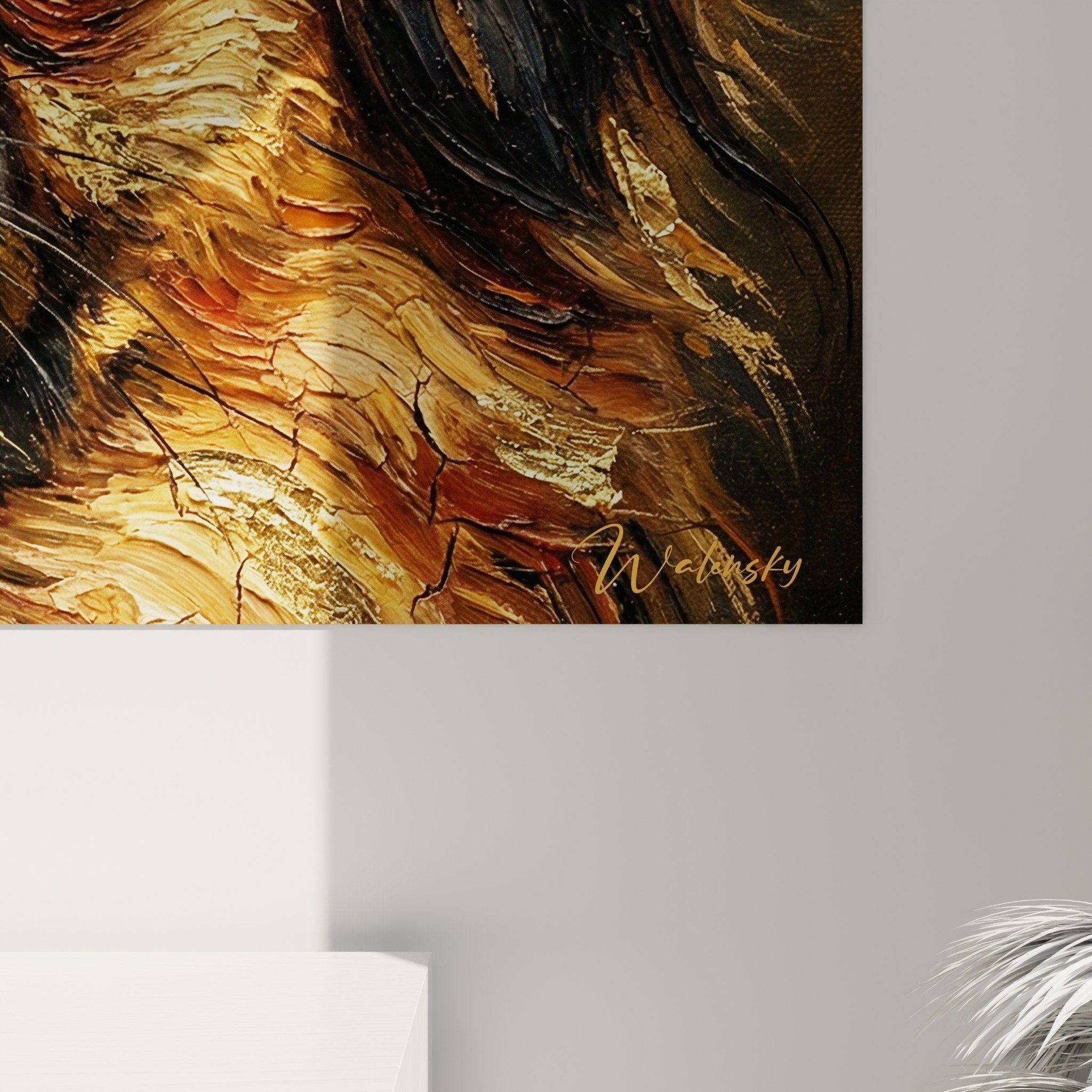 Vista d'insieme quadro Spaniel Giapponese tonalità rame in interno contemporaneo arredamento arte murale