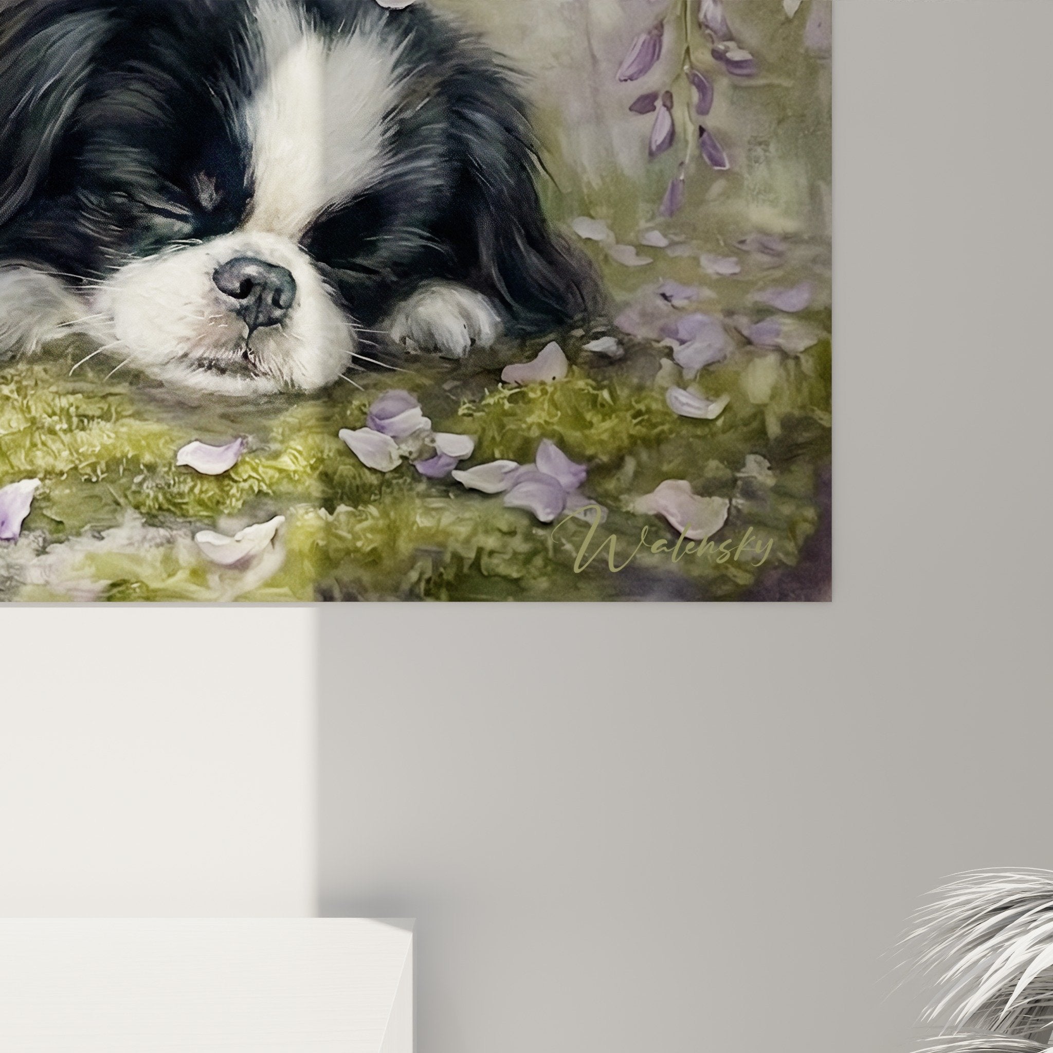 Complete view of Japanese spaniel wall art with blooming nature, zen interior decoration in purple tones