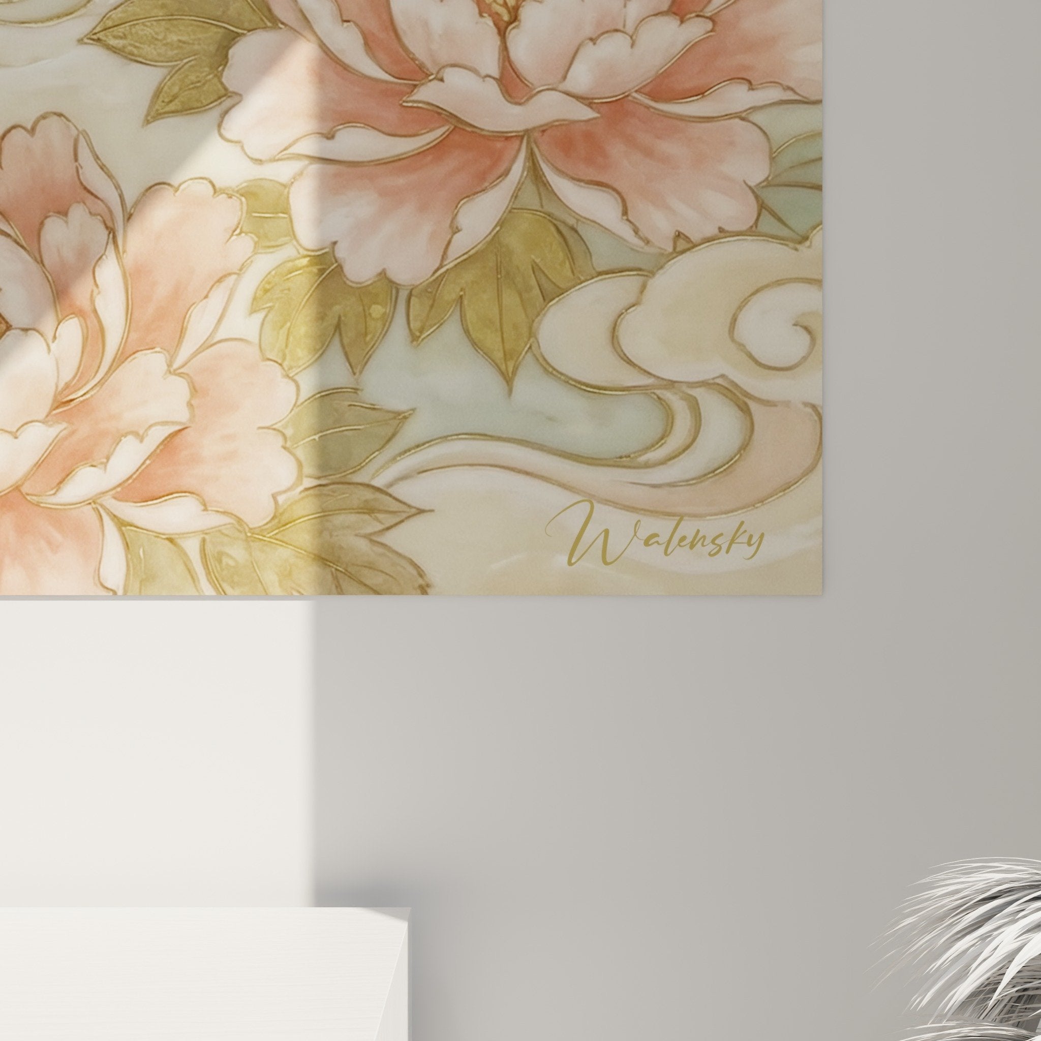 Vue ensemble tableau Epagneul Japonais style japonais nuages dorés pivoines roses décoration murale féerique