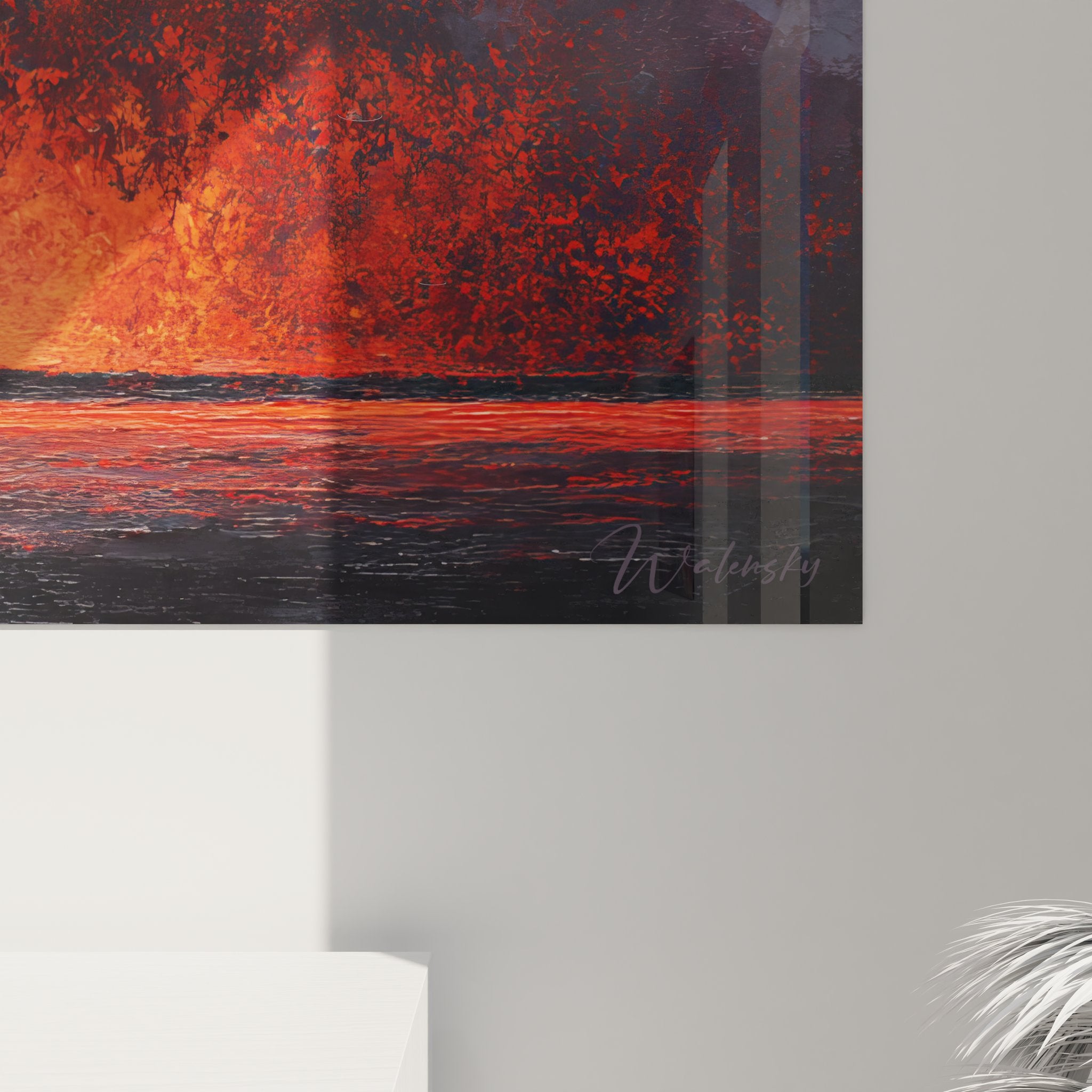 Vue ensemble tableau éruption volcanique art mural décoration contemporaine rouge