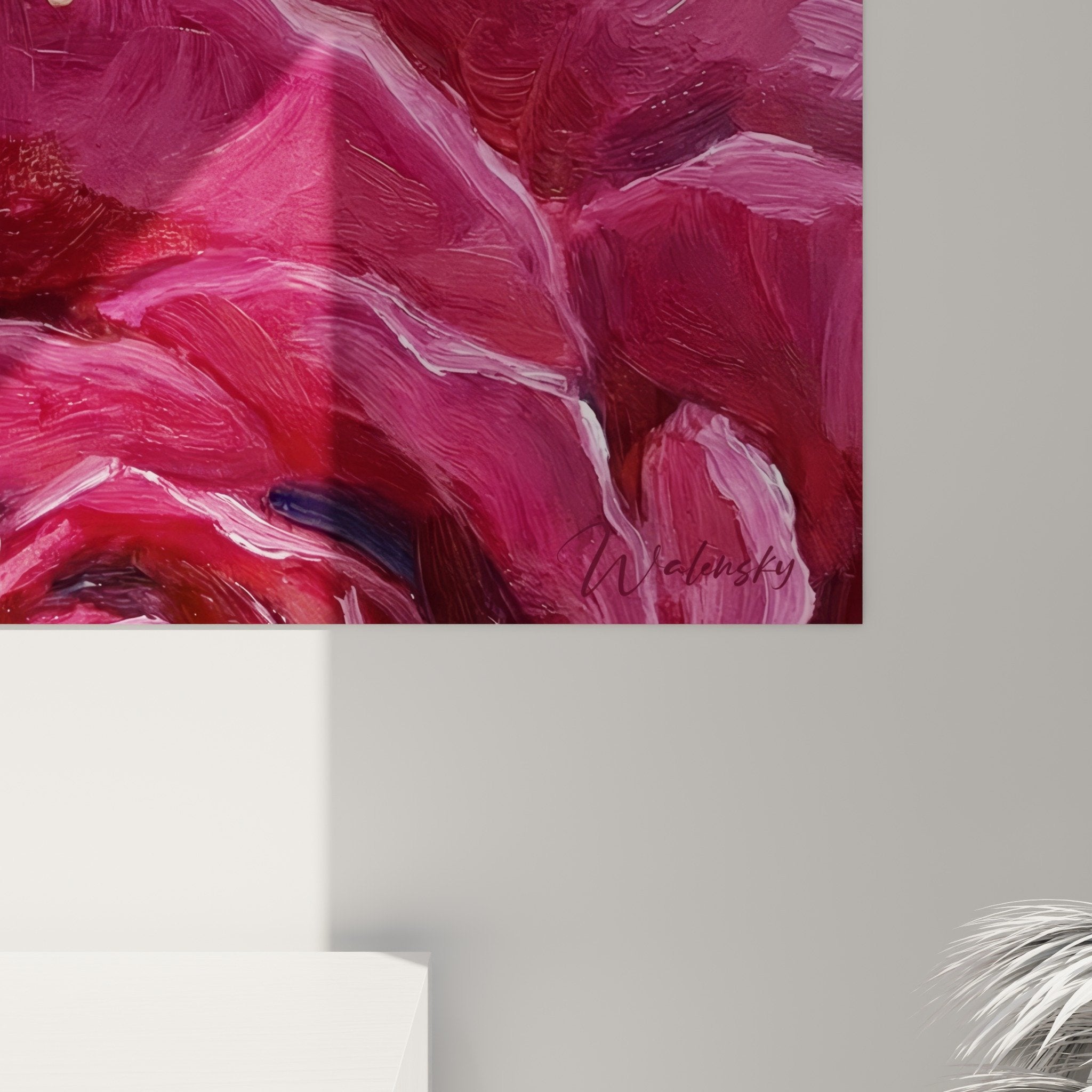 Gesamtansicht Schnecken-Gemälde Magenta-Stoff Stillleben-Malerei Naturdekor modernes Innendesign