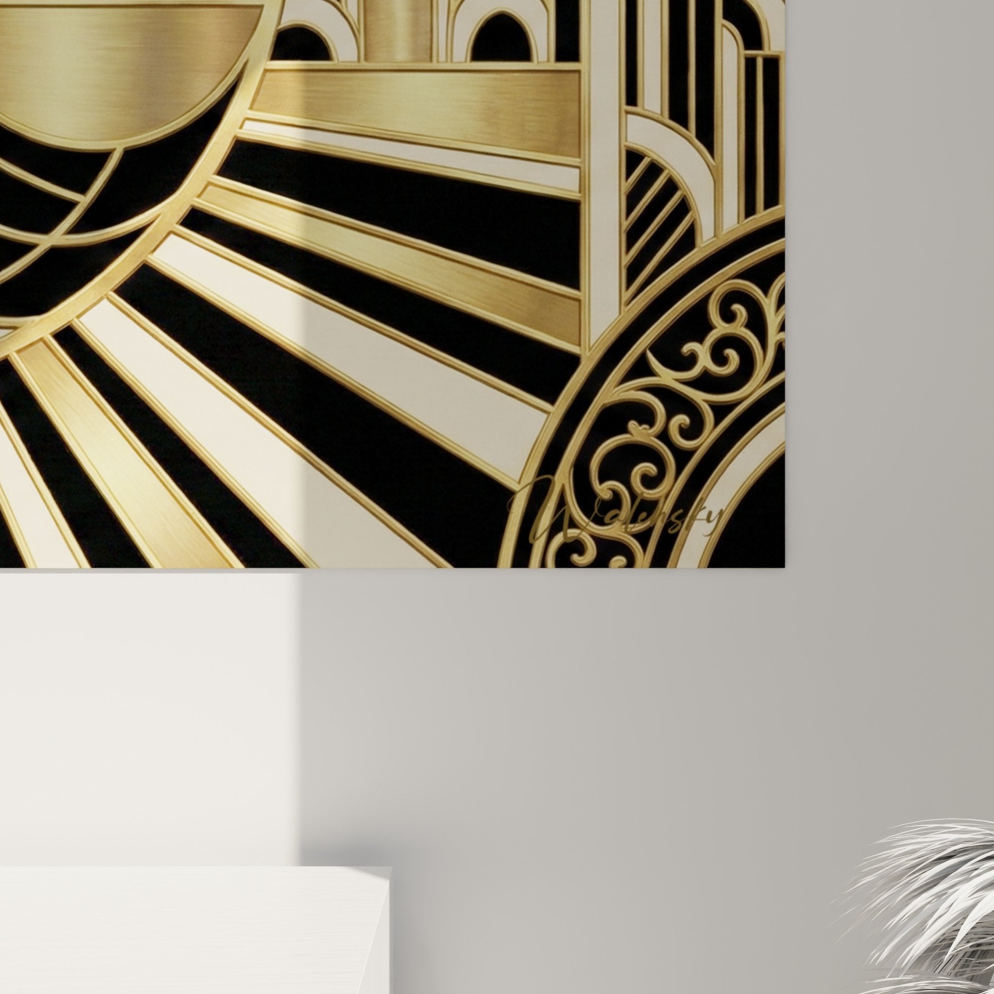 vue ensemble tableau escargot art deco salon decoration murale moderne noir dore geometric