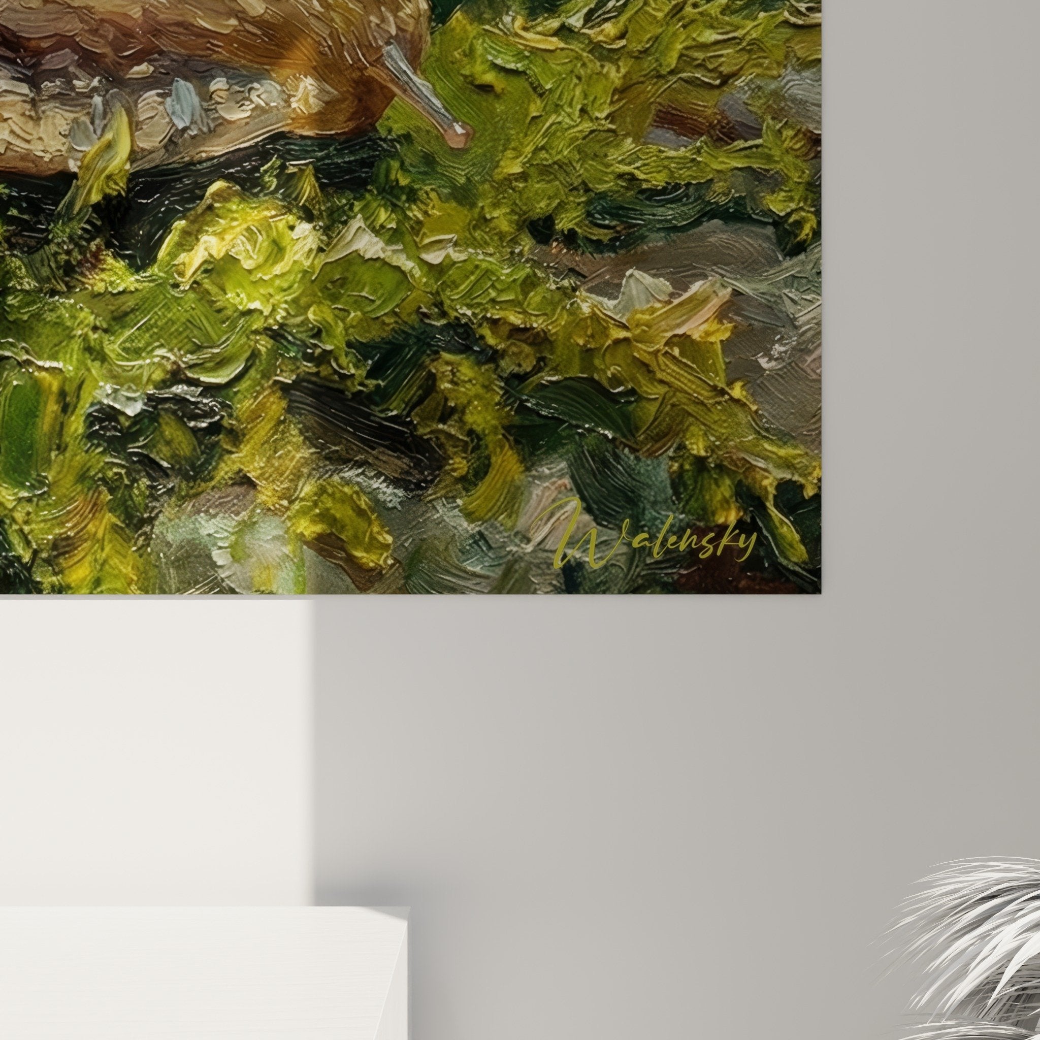Gesamtansicht Schnecken-Kunstwerk moosgrüner Hintergrund Wohnzimmer Wanddekoration Natur kontemplativ