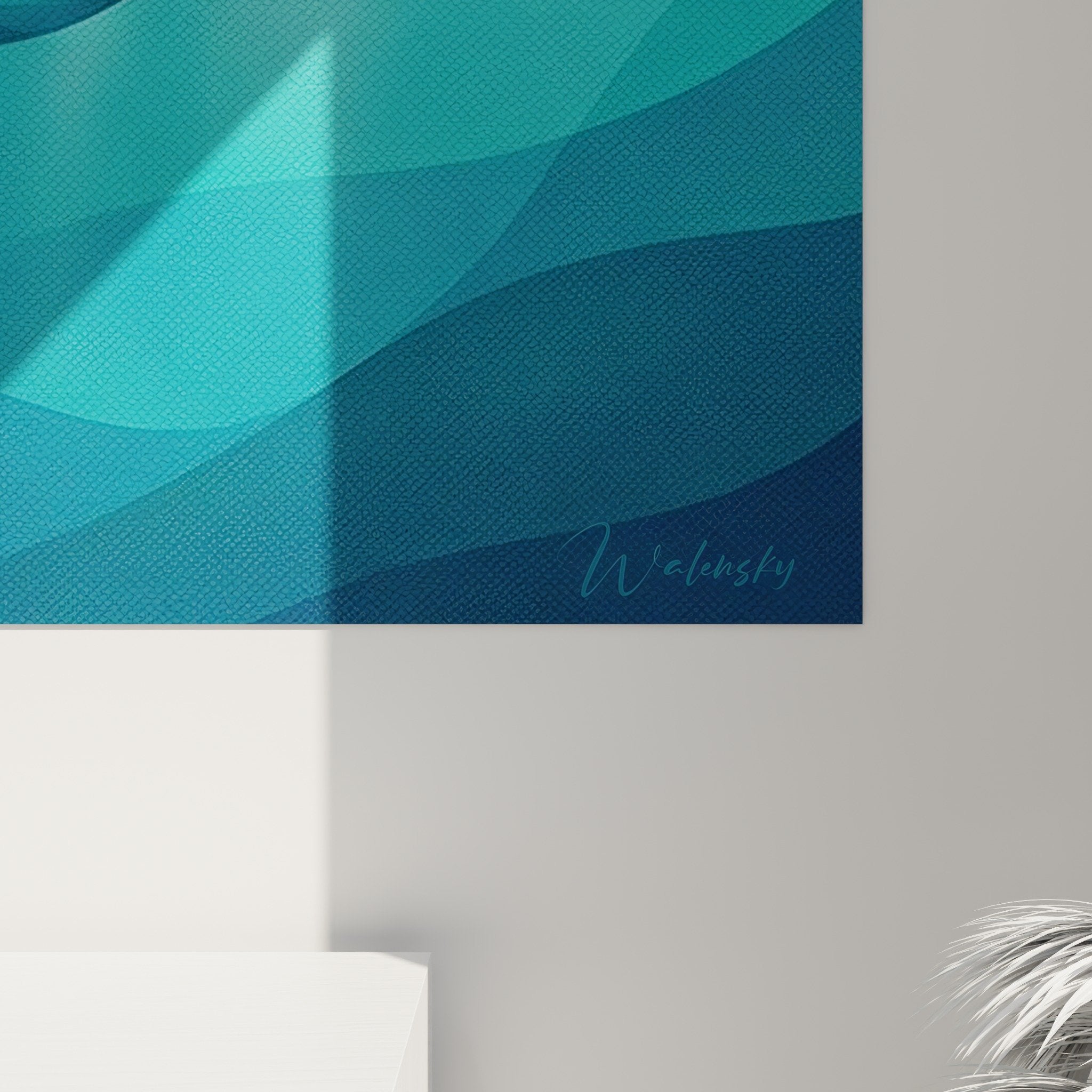Vue ensemble tableau espadon geometrique bleu turquoise decoration murale moderne ambiance marine
