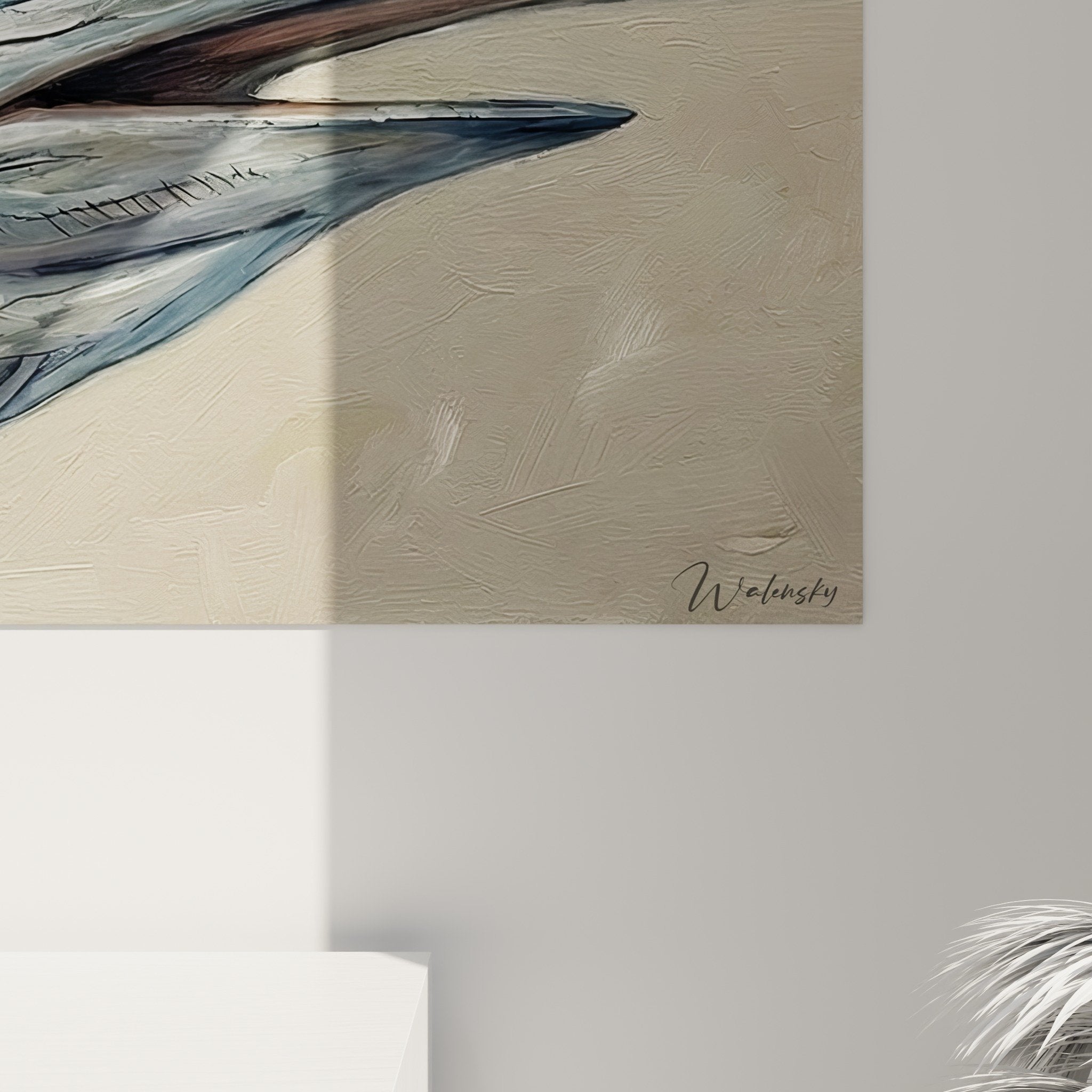 Gesamtansicht Portraittafel Schwertfisch Wanddekoration Inneneinrichtung Marinestil Blau Beige naturalistisches Kunstwerk
