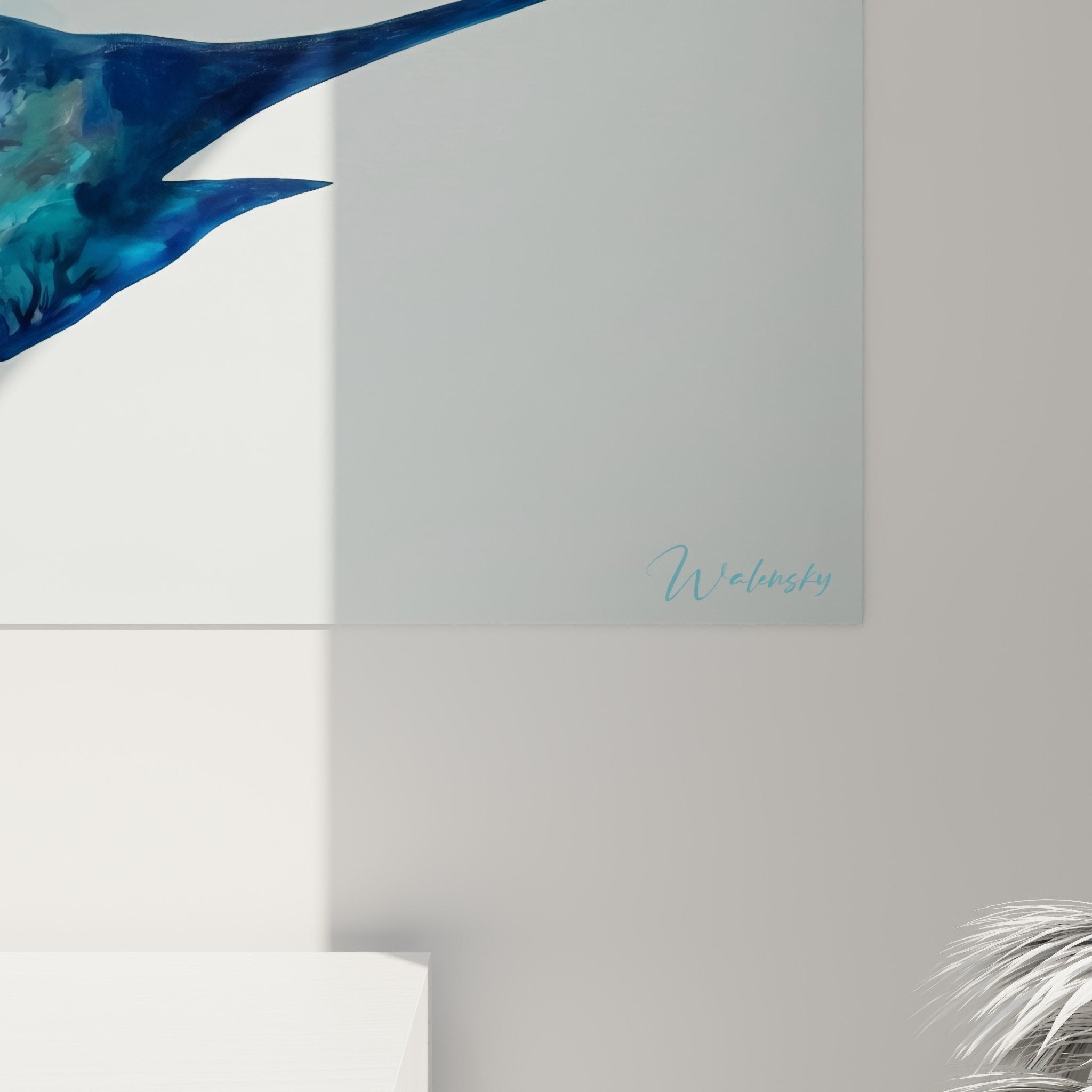 Gesamtansicht horizontales Schwertfisch-Gemälde blaugrün Wanddekoration zeitgenössischer maritimer Stil