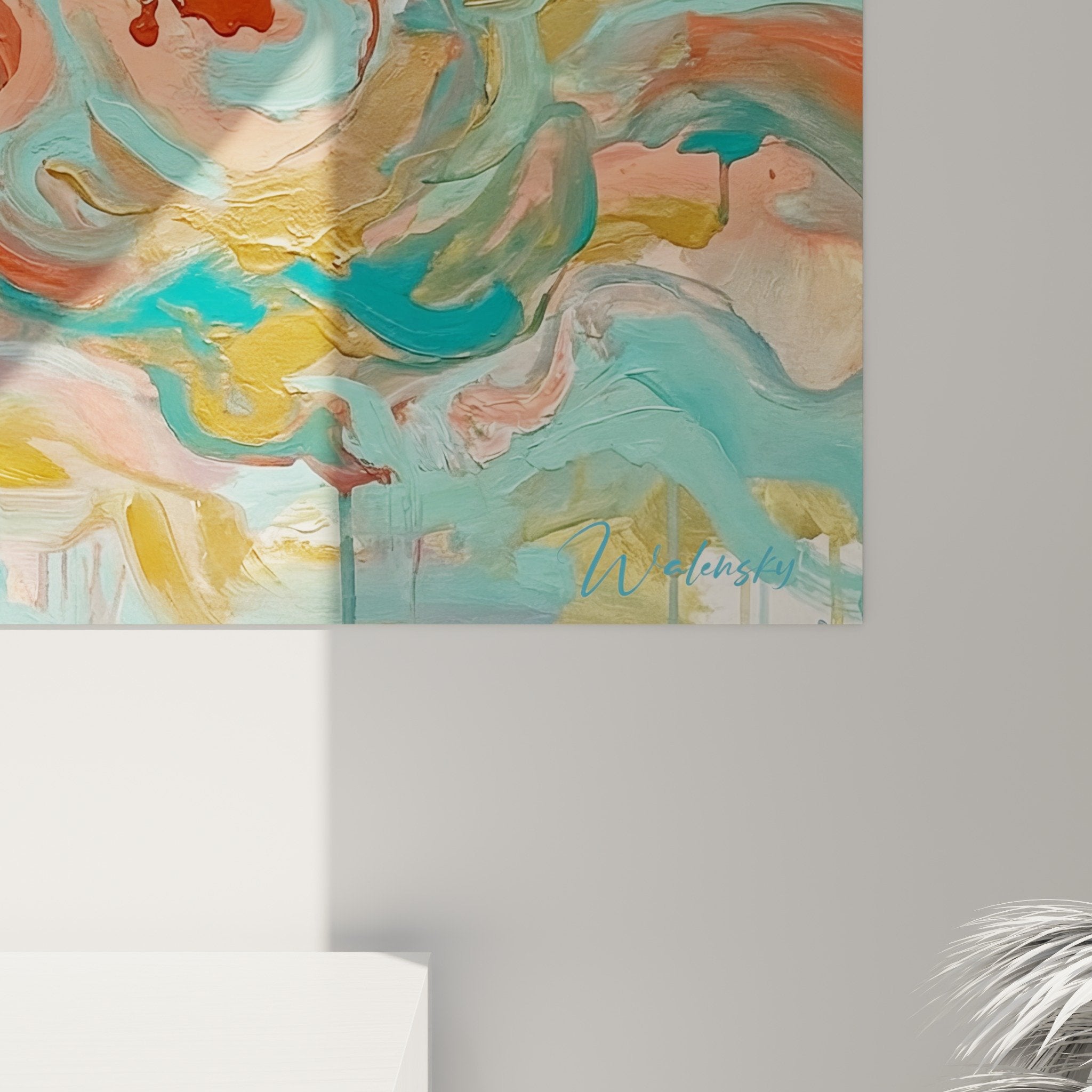 Gesamtansicht Seestern-Gemälde Koralle Türkis Wohnzimmer Wanddekoration zeitgenössische Kunst Meeresstil