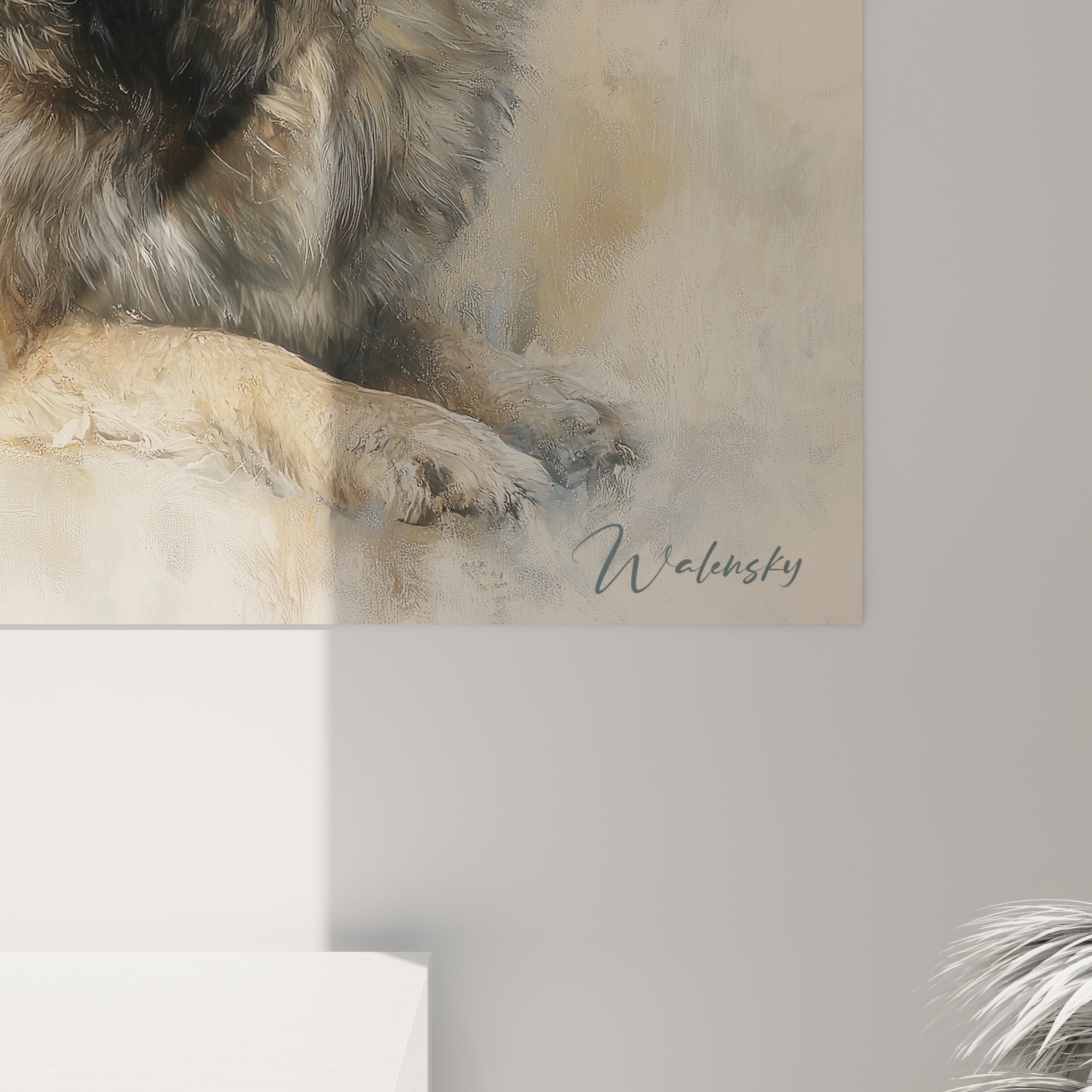 Full view portrait Eurasier wall art Nordic style interior decoration natural ambiance soft tones