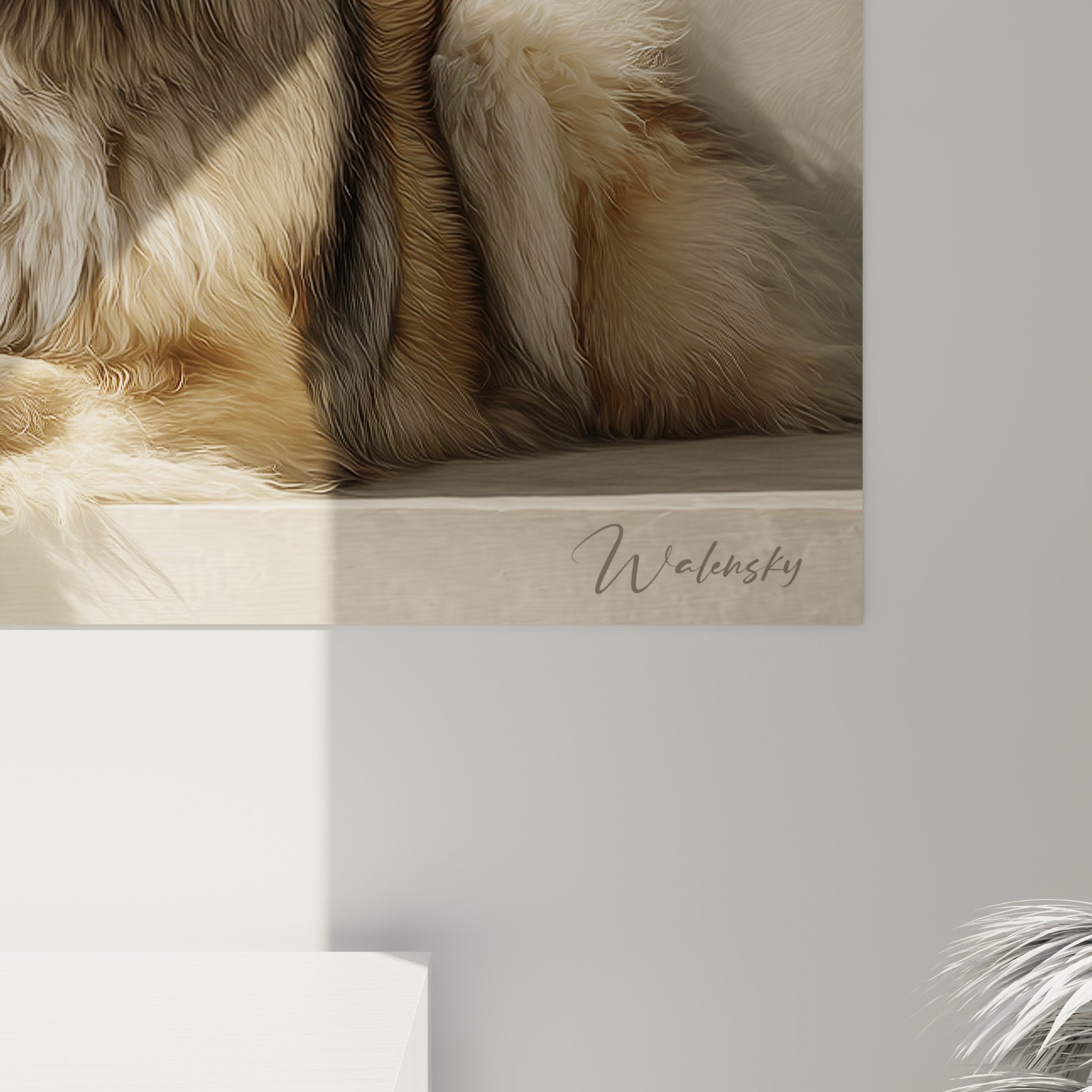 Perspective view of elegant Eurasier artwork on neutral walls - harmonious integration into minimalist modern décor