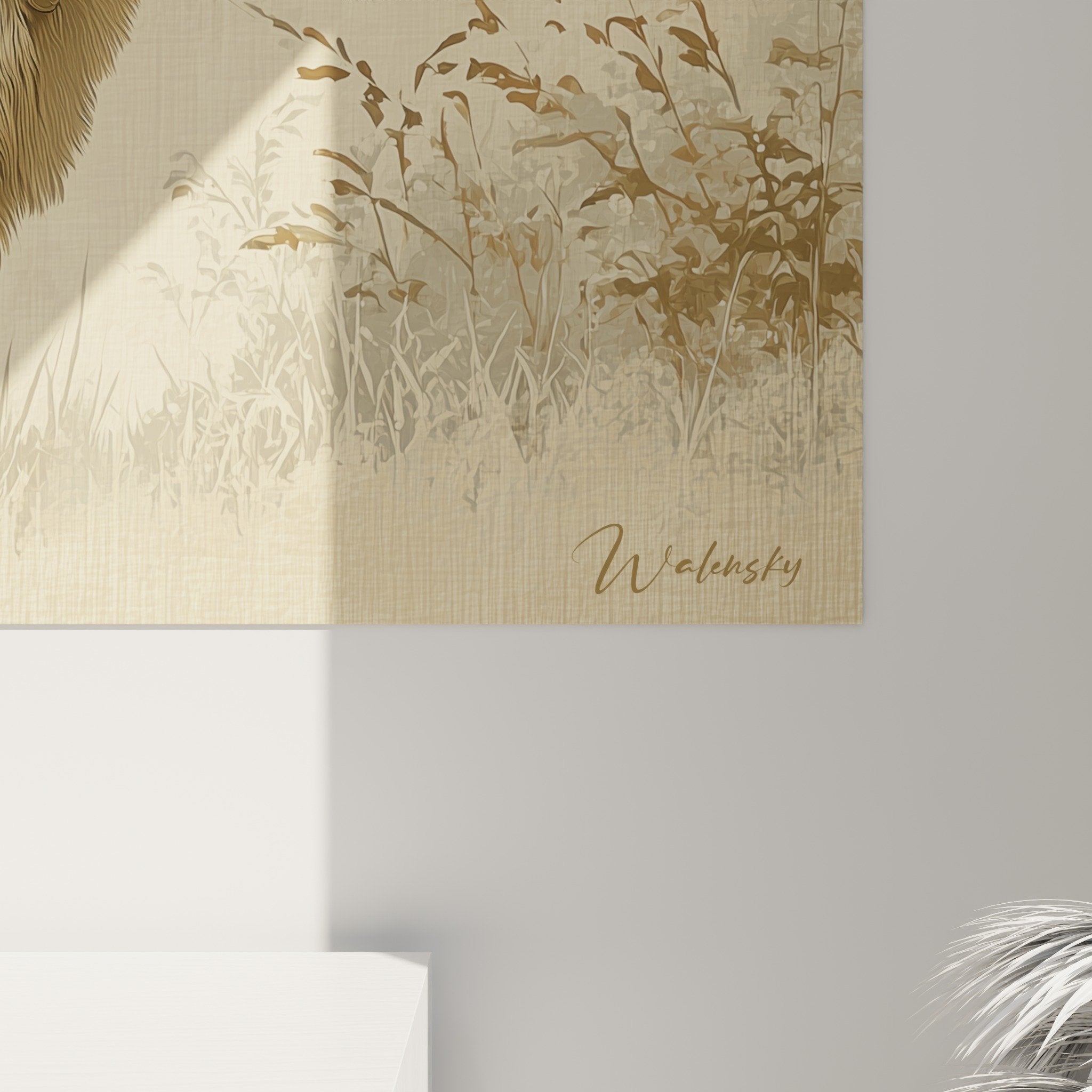 Vue ensemble tableau Eurasier prairie automne tons ocres beiges decoration murale naturelle