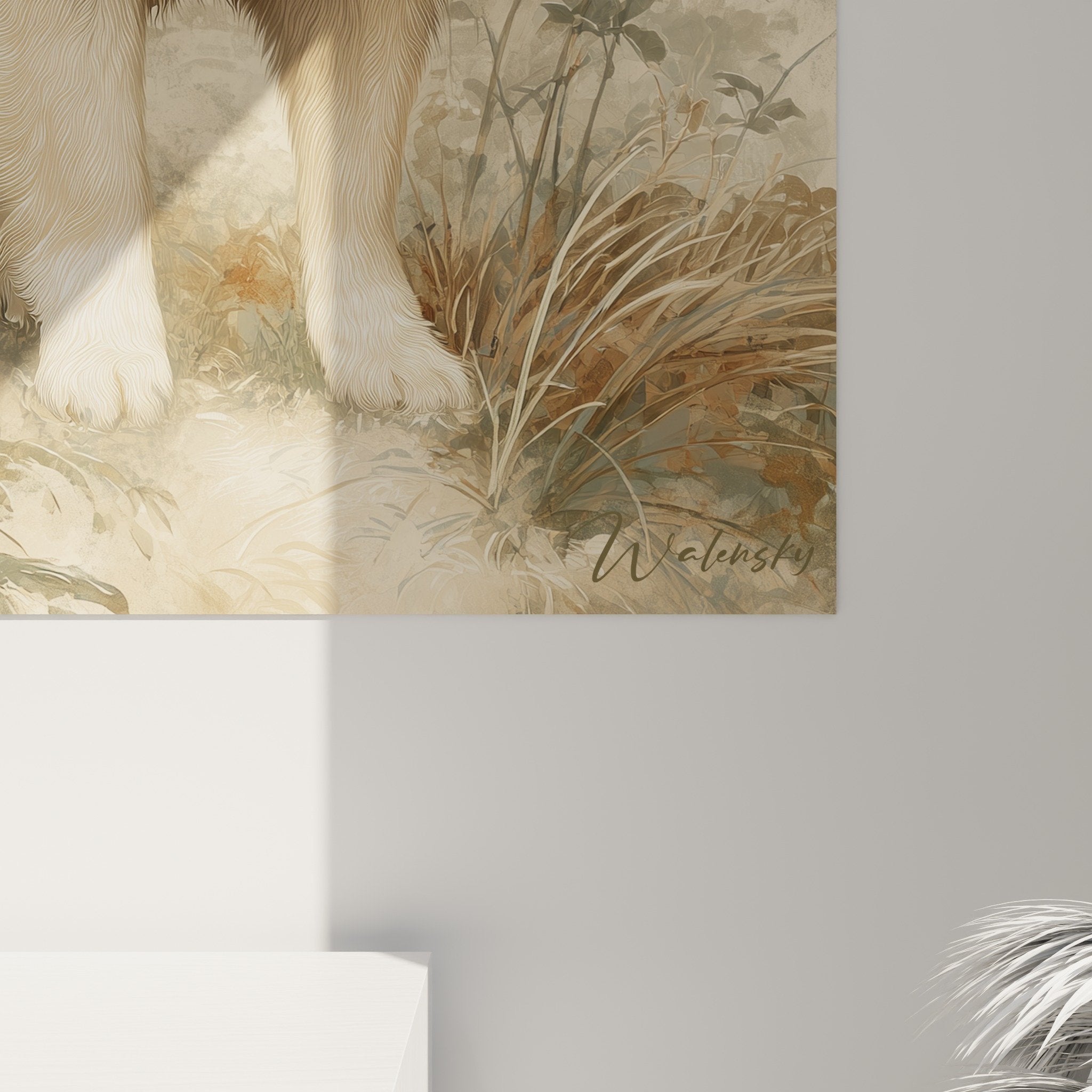 Eurasier sepia artwork full view with harmonious plant decor in modern living room