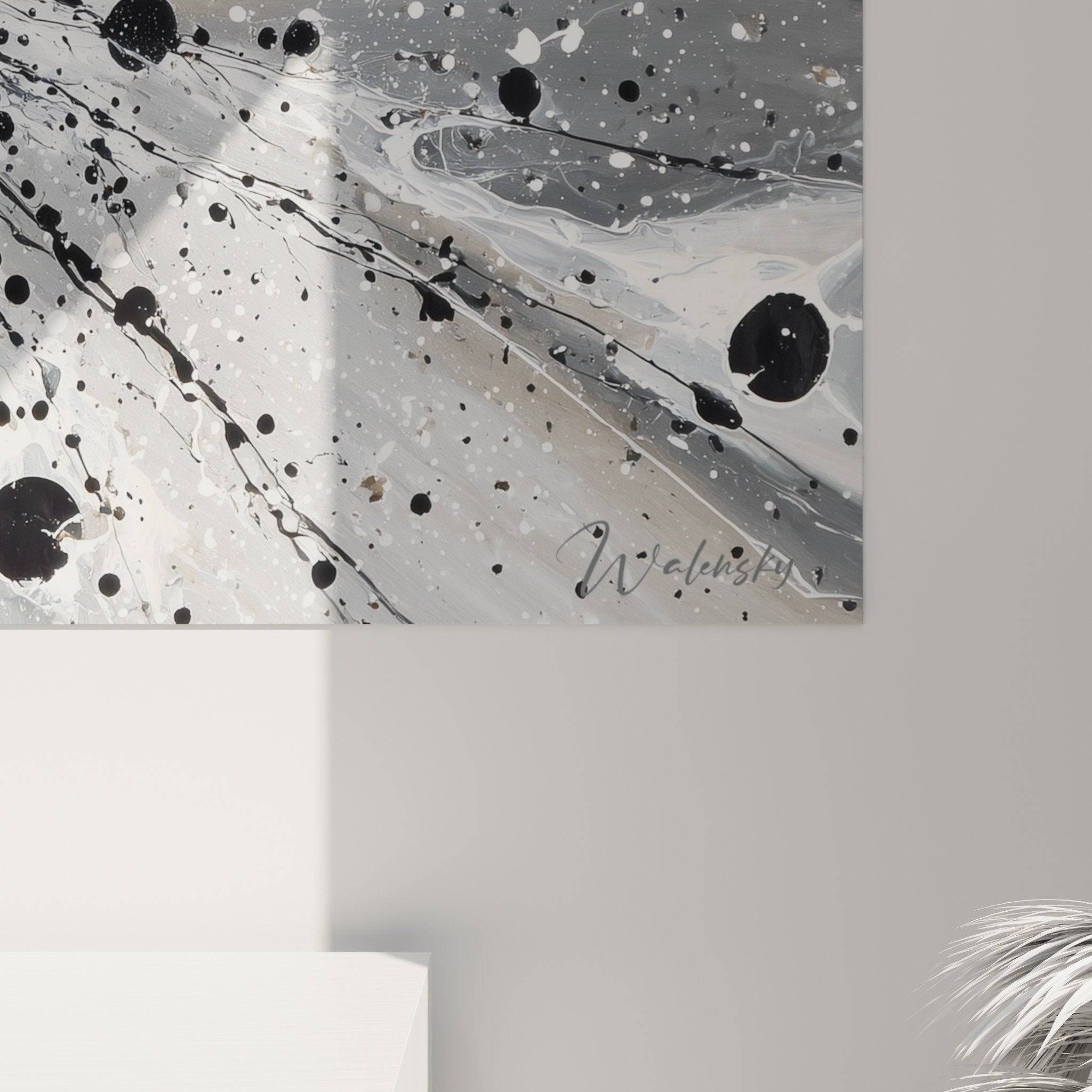 Full view abstract explosion painting black gray modern contemporary wall art