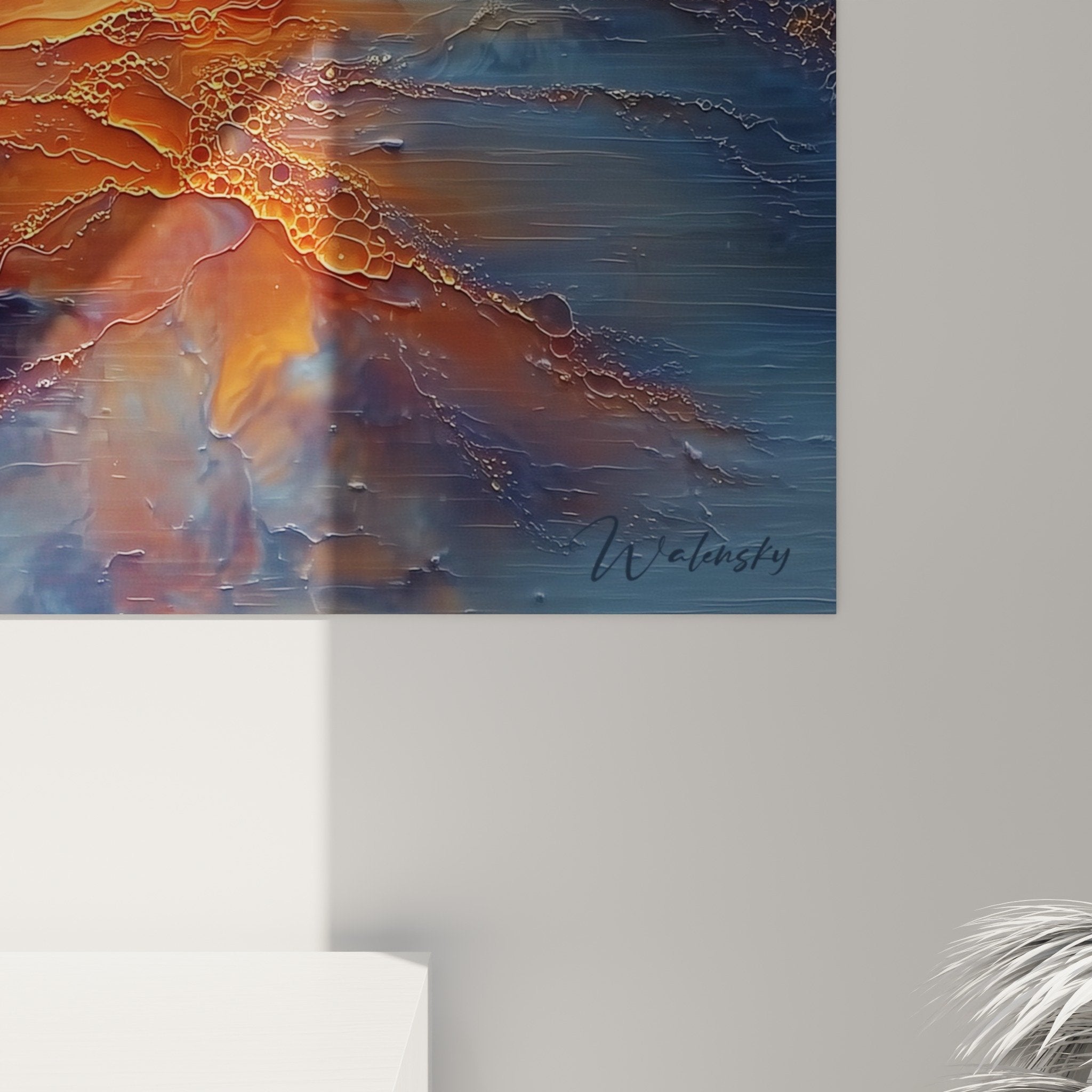 Overall view cosmic explosion wall art interior decoration golden rays navy blue
