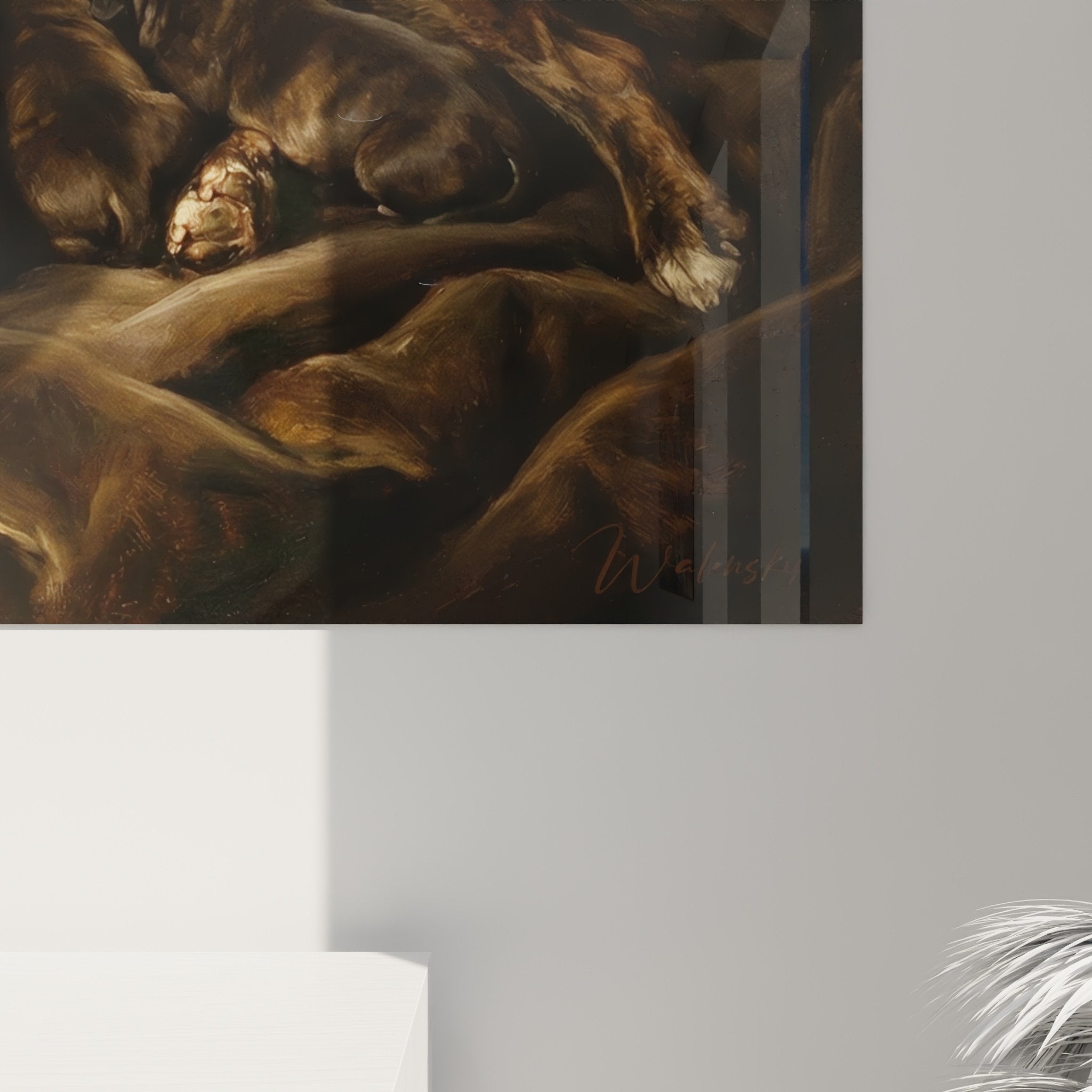 Vue ensemble tableau famille Staffordshire Bull Terrier scene tendresse maternelle tons chauds dores