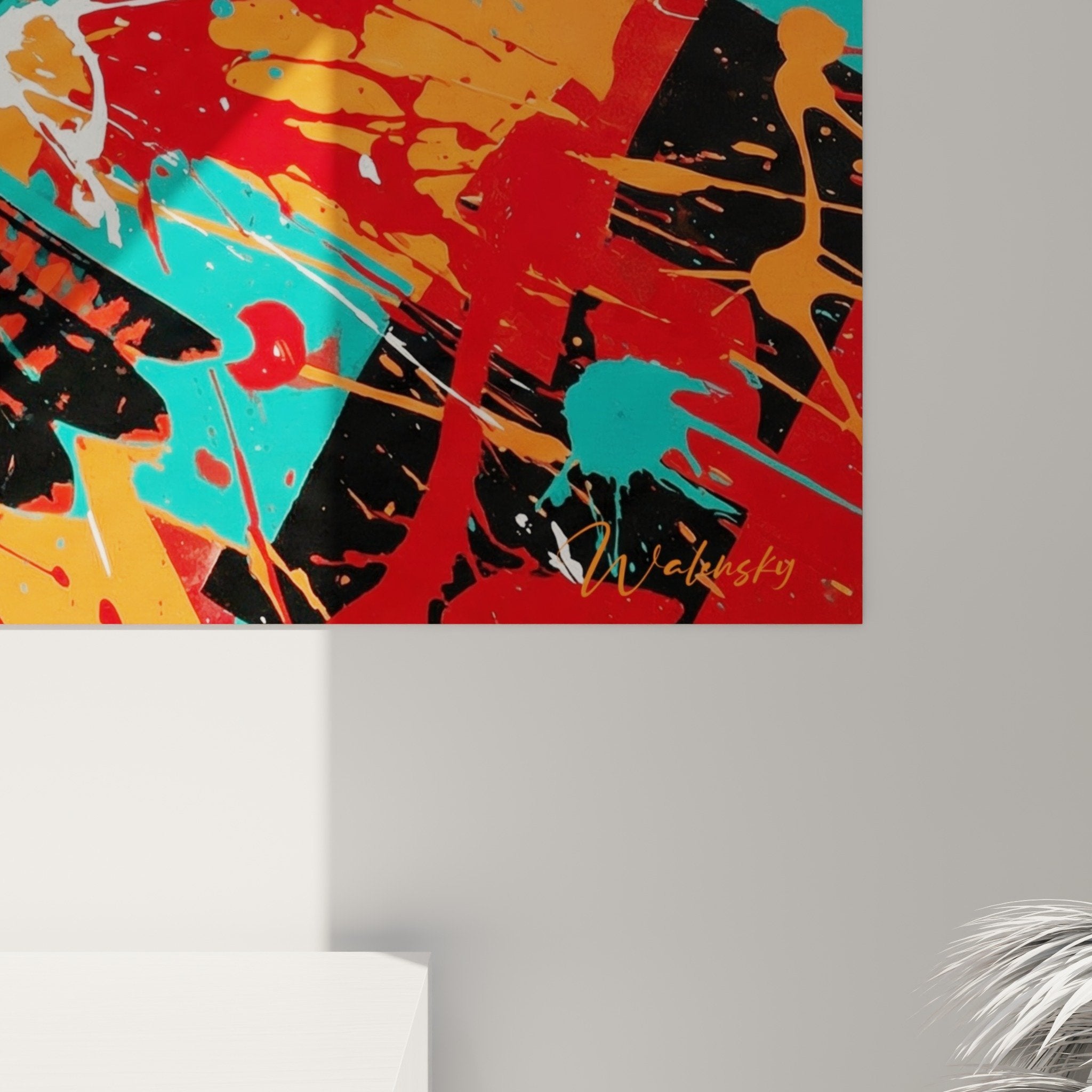 Gesamtansicht Falke-Gemälde Farbexplosion Dekoration modernes Interieur zeitgenössische Wandkunst