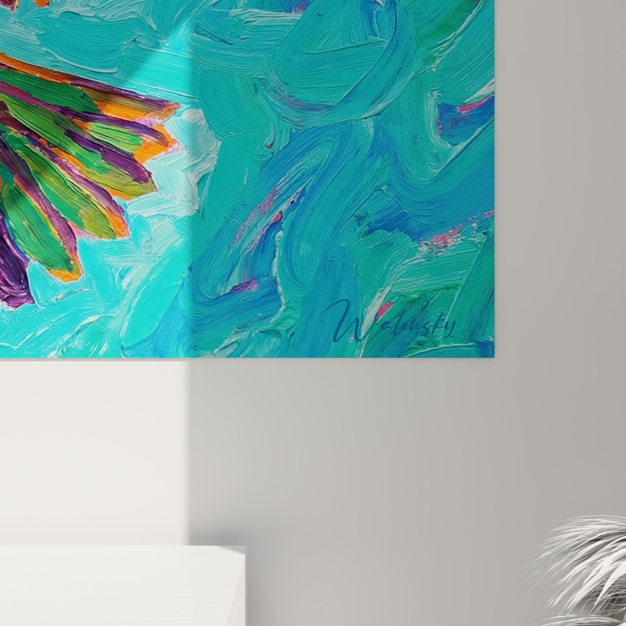 Gesamtansicht Falken-Gemälde majestätischer Flug lebendige Farben moderne Innenausstattung Wohnzimmer