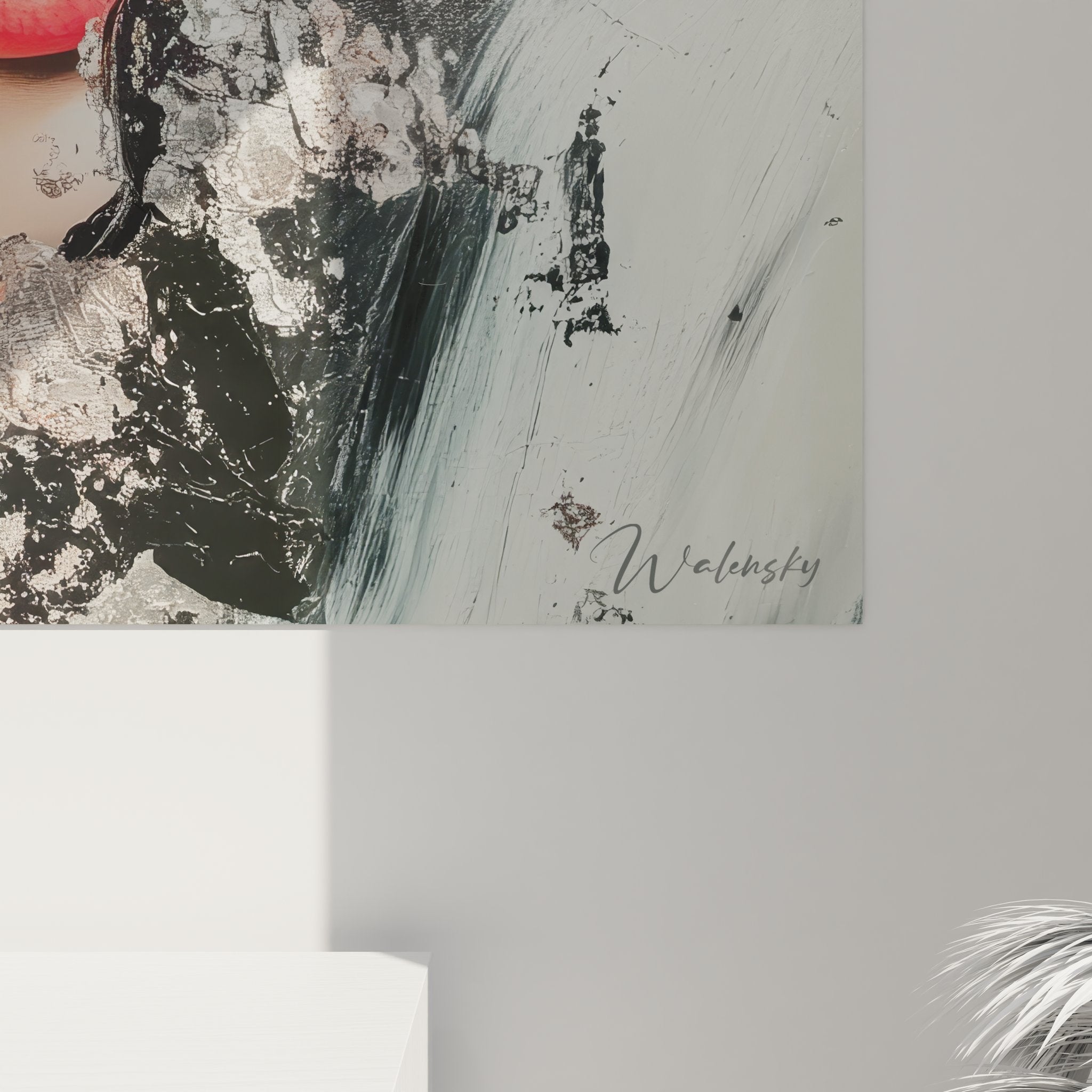 Vue ensemble tableau femme abstrait rouge noir art contemporain mural décoratif