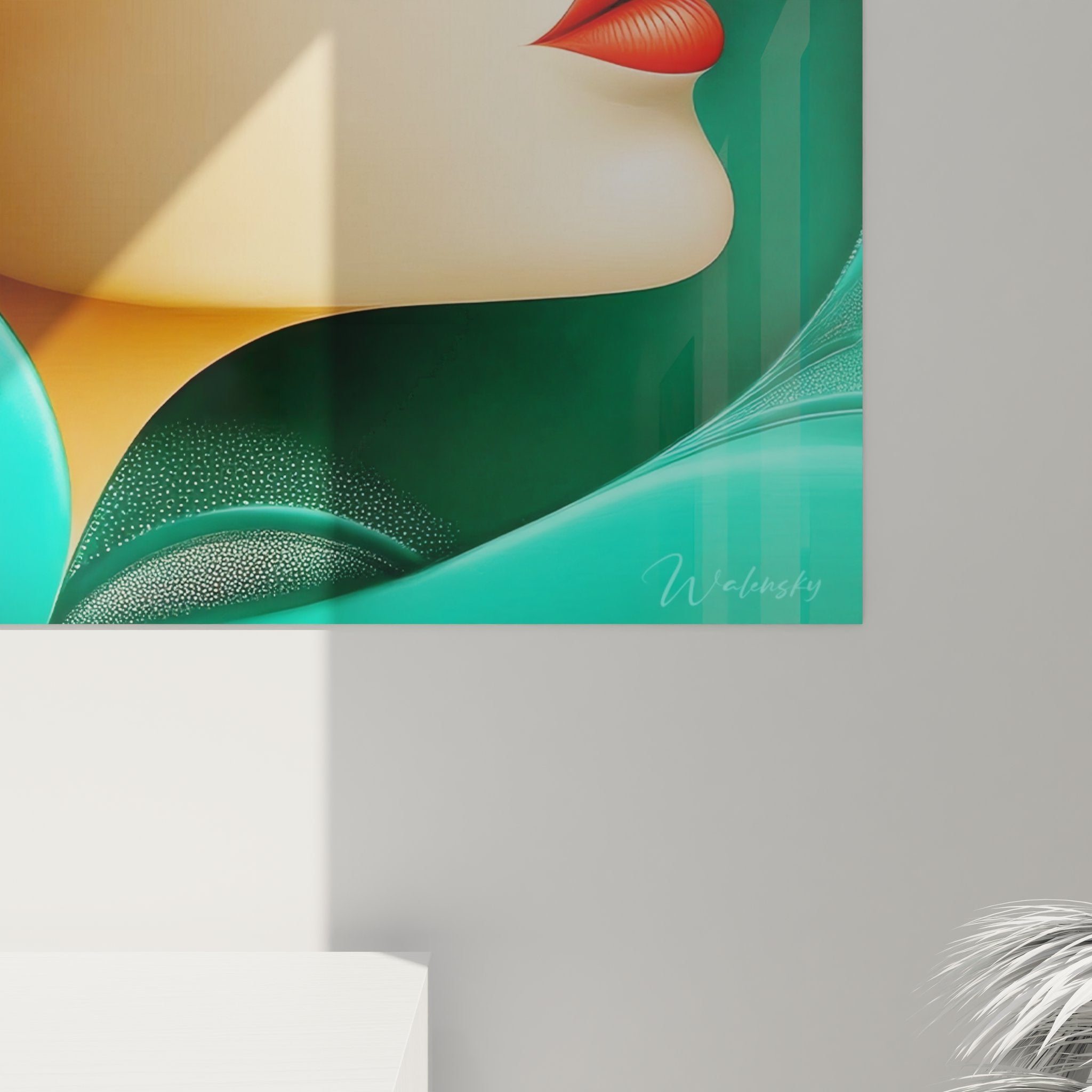 Vue ensemble tableau mural femme turquoise art figuratif abstrait décoration intérieure contemporaine