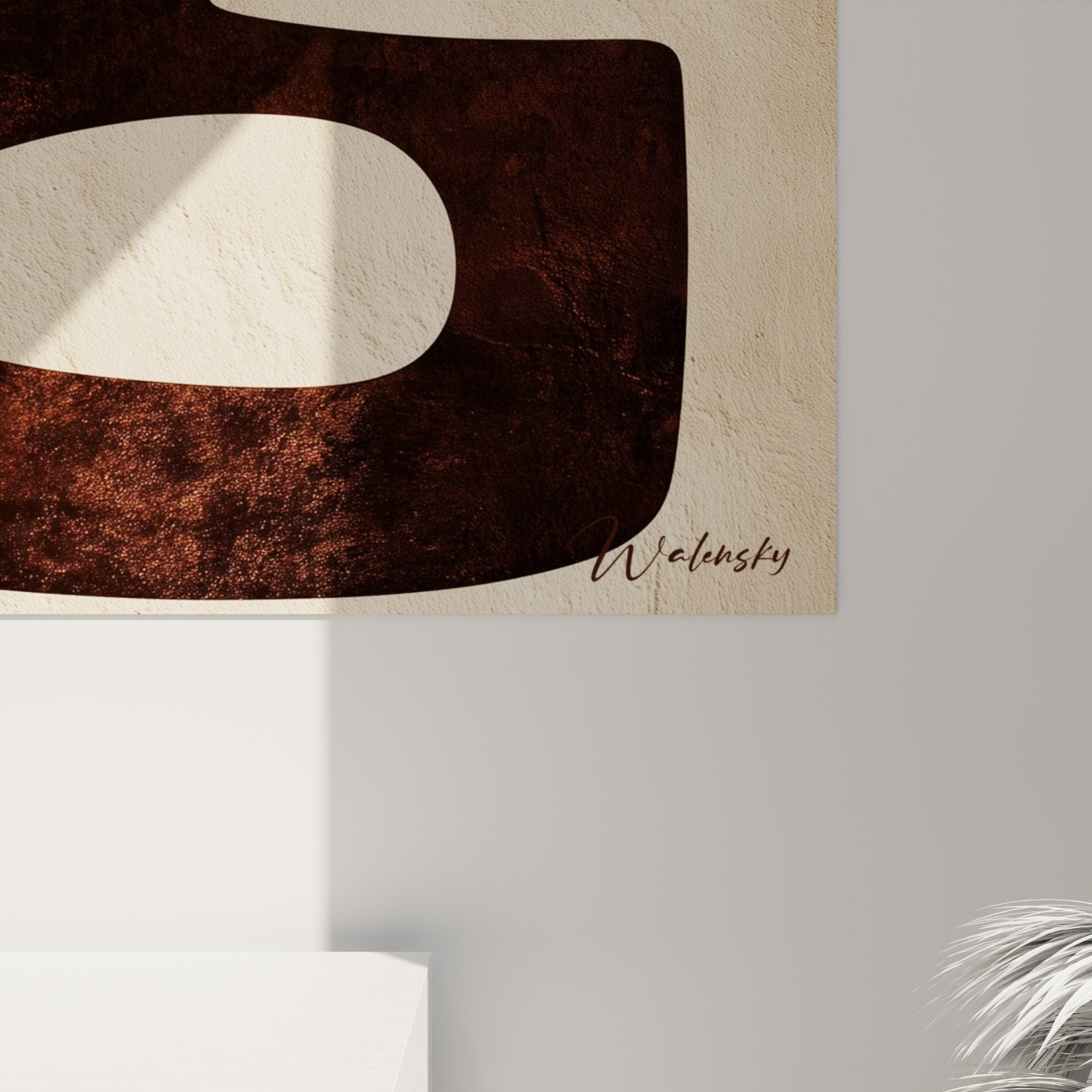 Vue ensemble tableau feng shui centre terre formes organiques bordeaux beige art contemporain