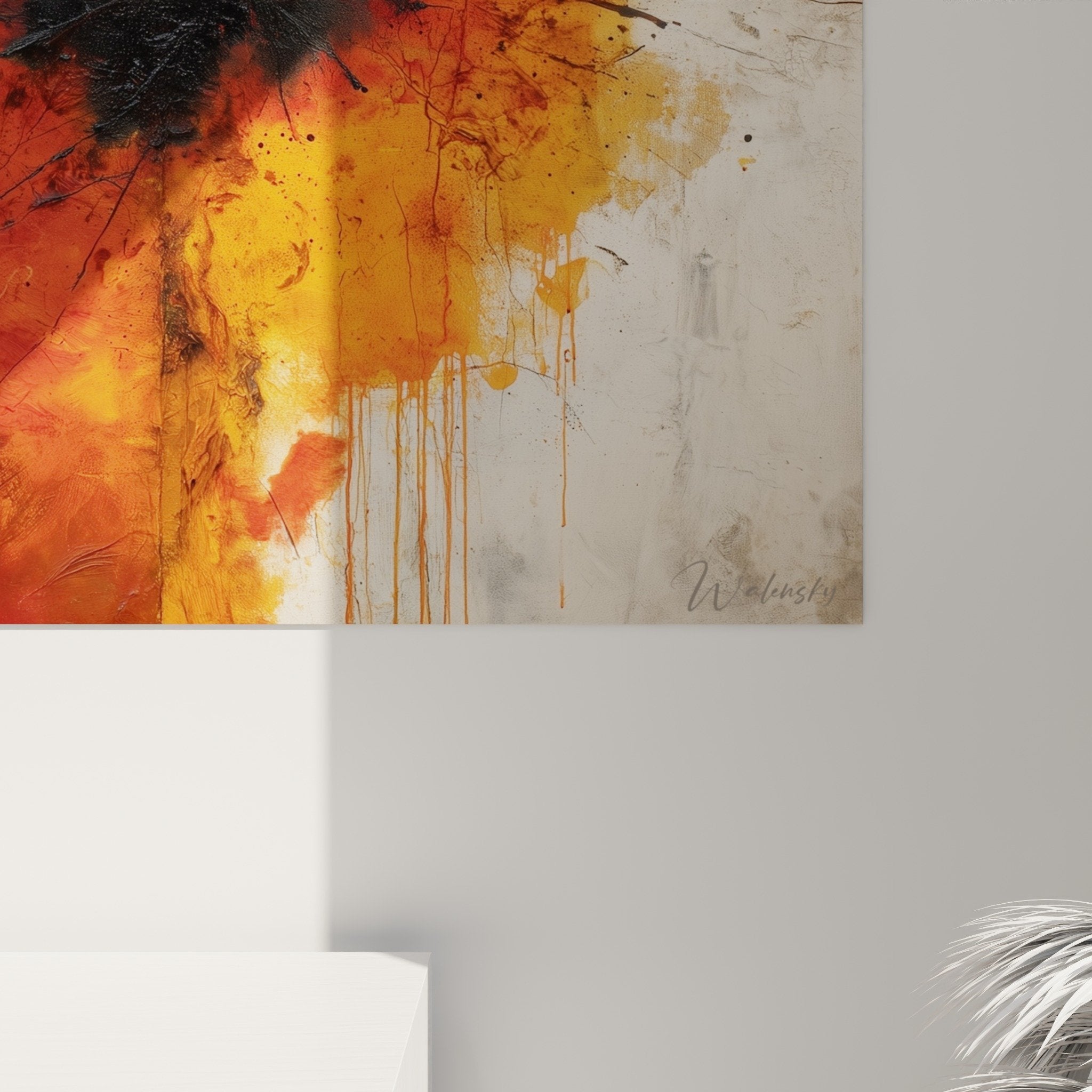 tableau feng shui sud feu explosion orange noir accroche murale art abstrait decoration moderne