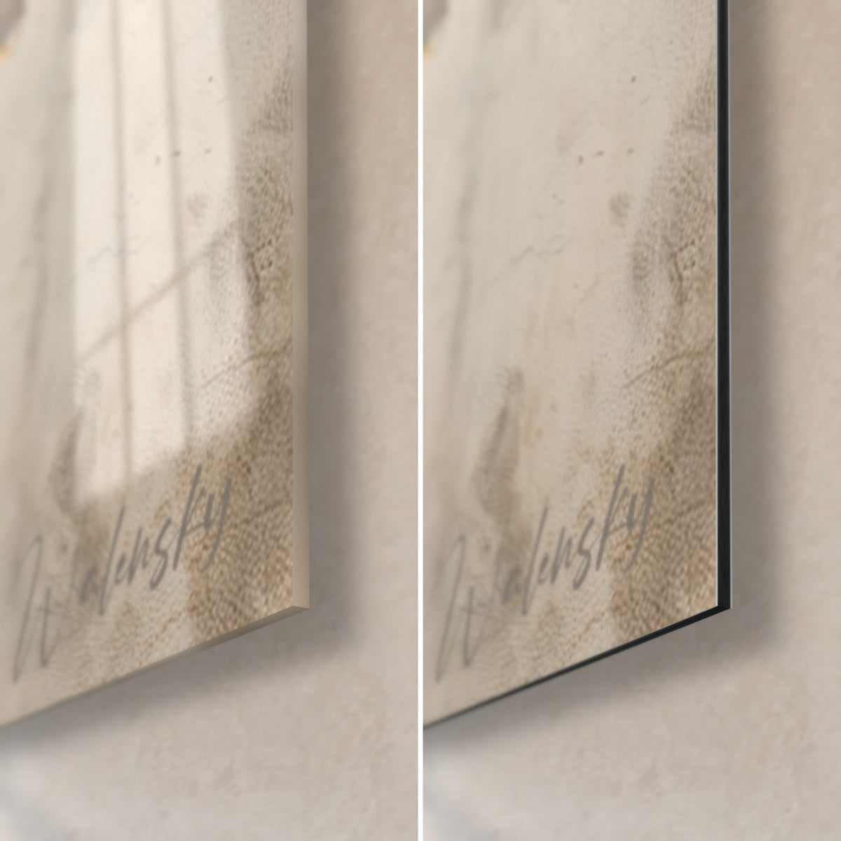 Gemälde Farbdetonation in Orange und Schwarz, untere rechte Ecke: links glänzendes Acrylglas, matt gebürstetes Dibond, 3 mm Kantenstärke