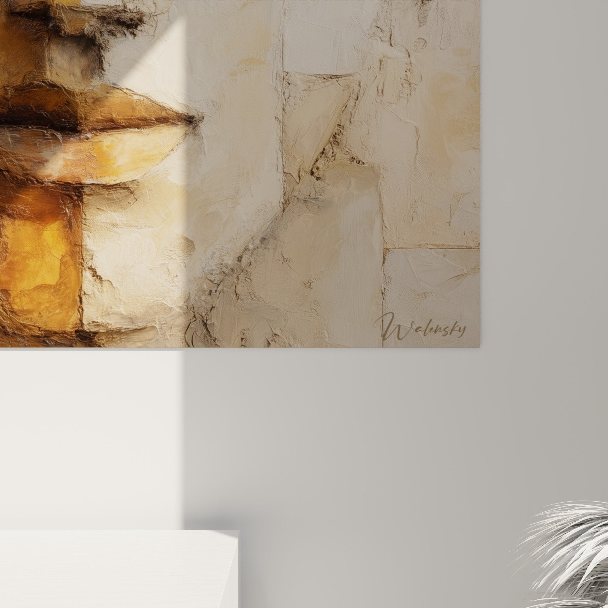 Vue ensemble tableau feng shui nord-est terre visage contemplation tons terreux ocre beige