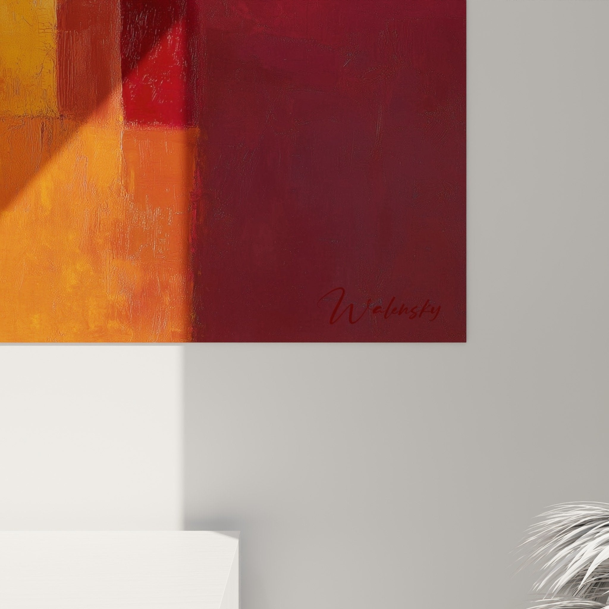 Vue ensemble tableau abstrait feng shui sud feu decoration interieur moderne orange rouge