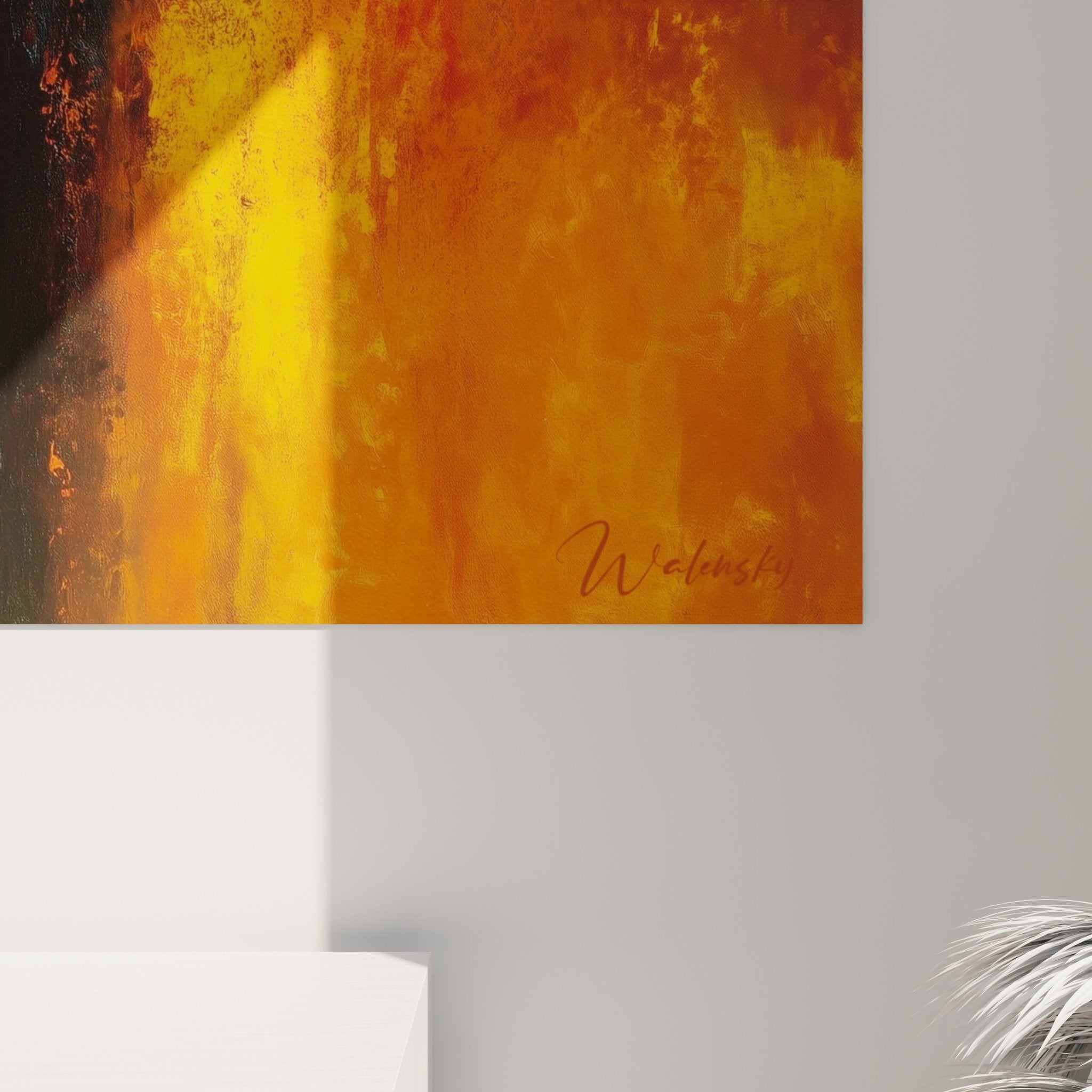 Abstract flames red orange painting living room feng shui south fire warm modern ambiance decor