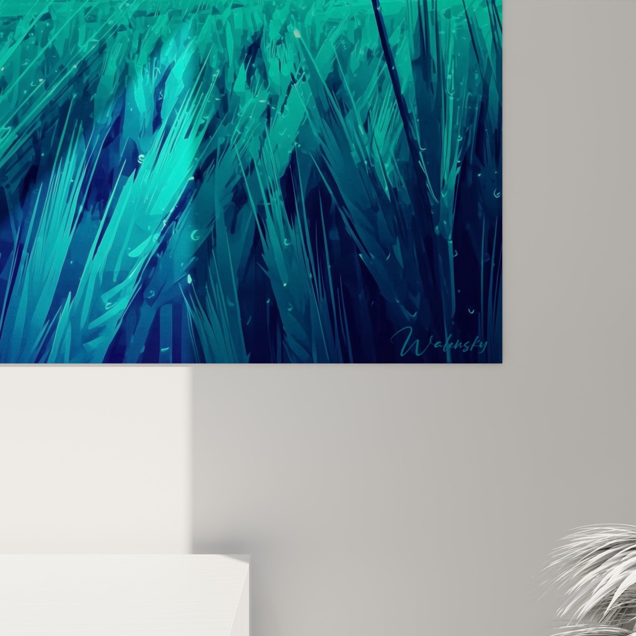 Full view of colorful flower artwork on wall, contemporary modern living room decoration artistic style