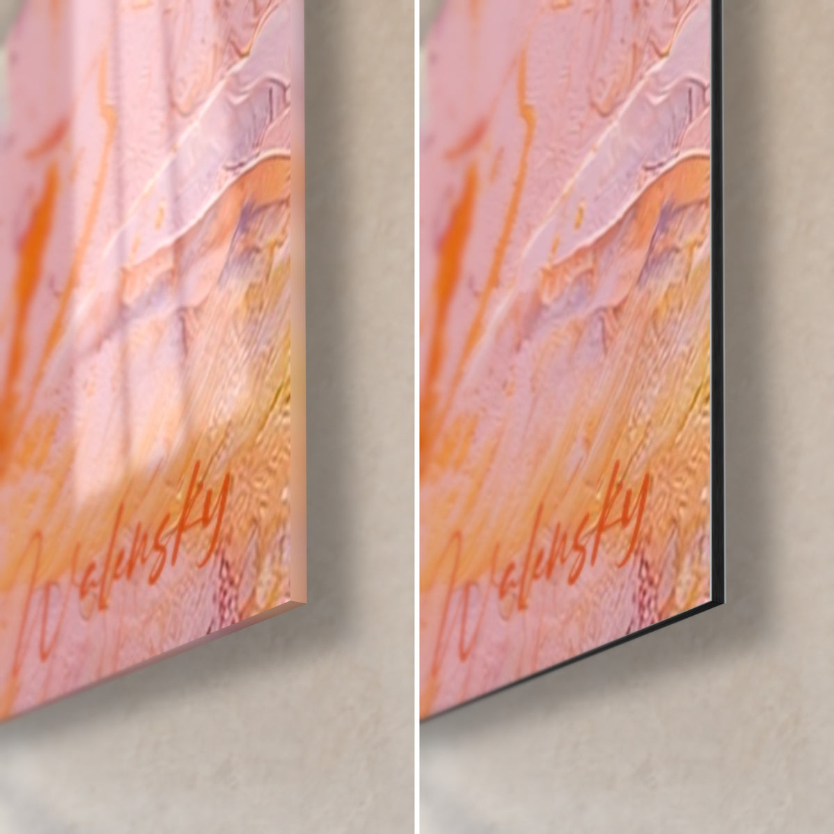 Cuadro flores abstractas en rosa y naranja, esquina inferior derecha: vidrio acrílico brillante a la izquierda, Dibond negro mate a la derecha, canto de 3 mm