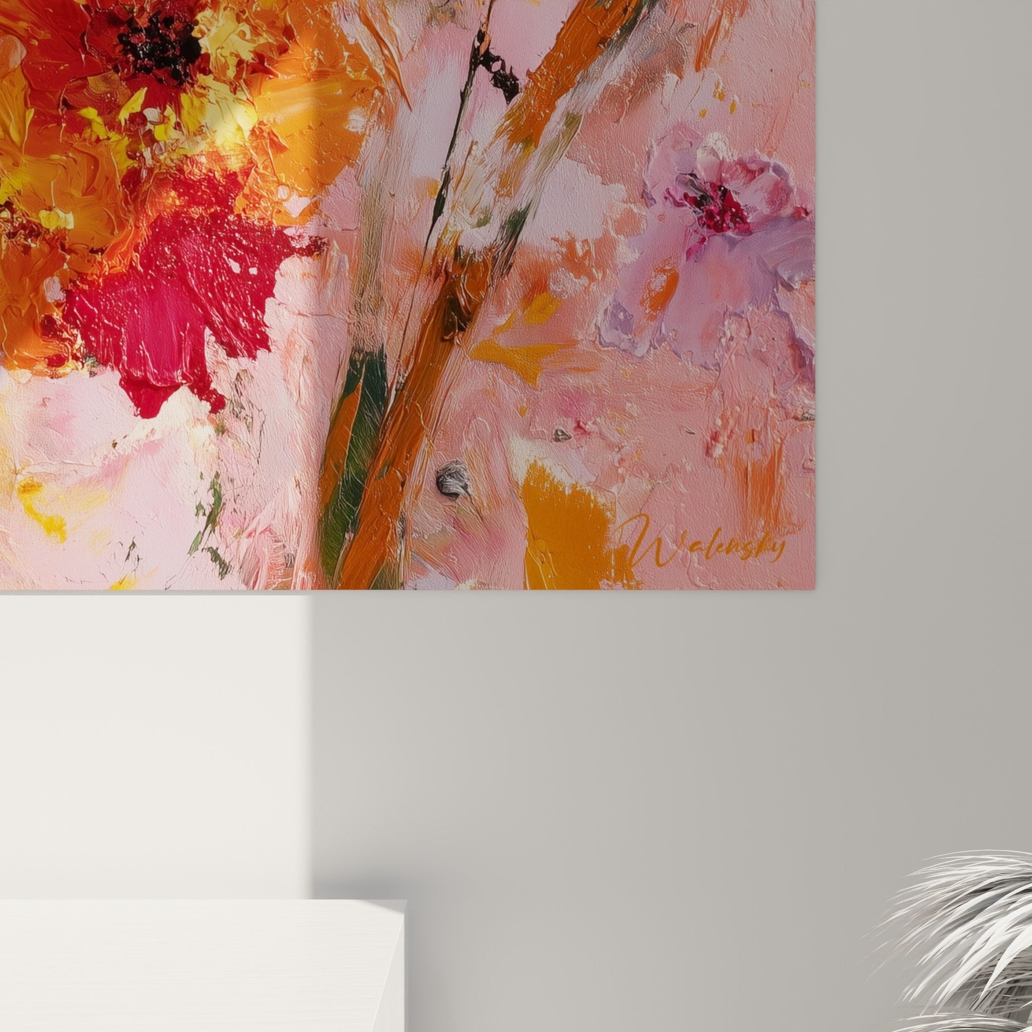 abstract flower painting with pink and orange hues feng shui southwest wall art
