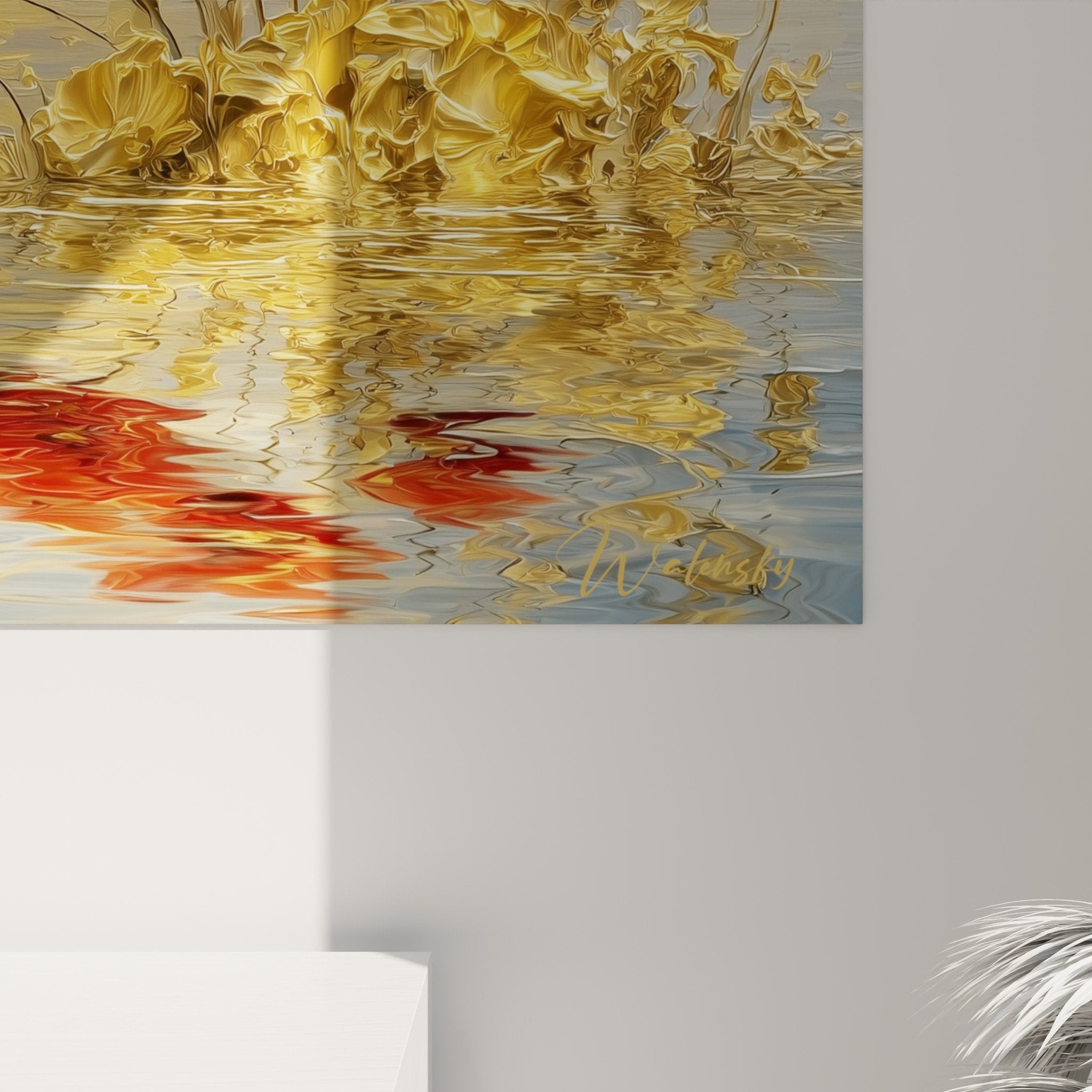 Vue ensemble tableau coquelicots eau doree coucher soleil decoration interieur salon chaleureux