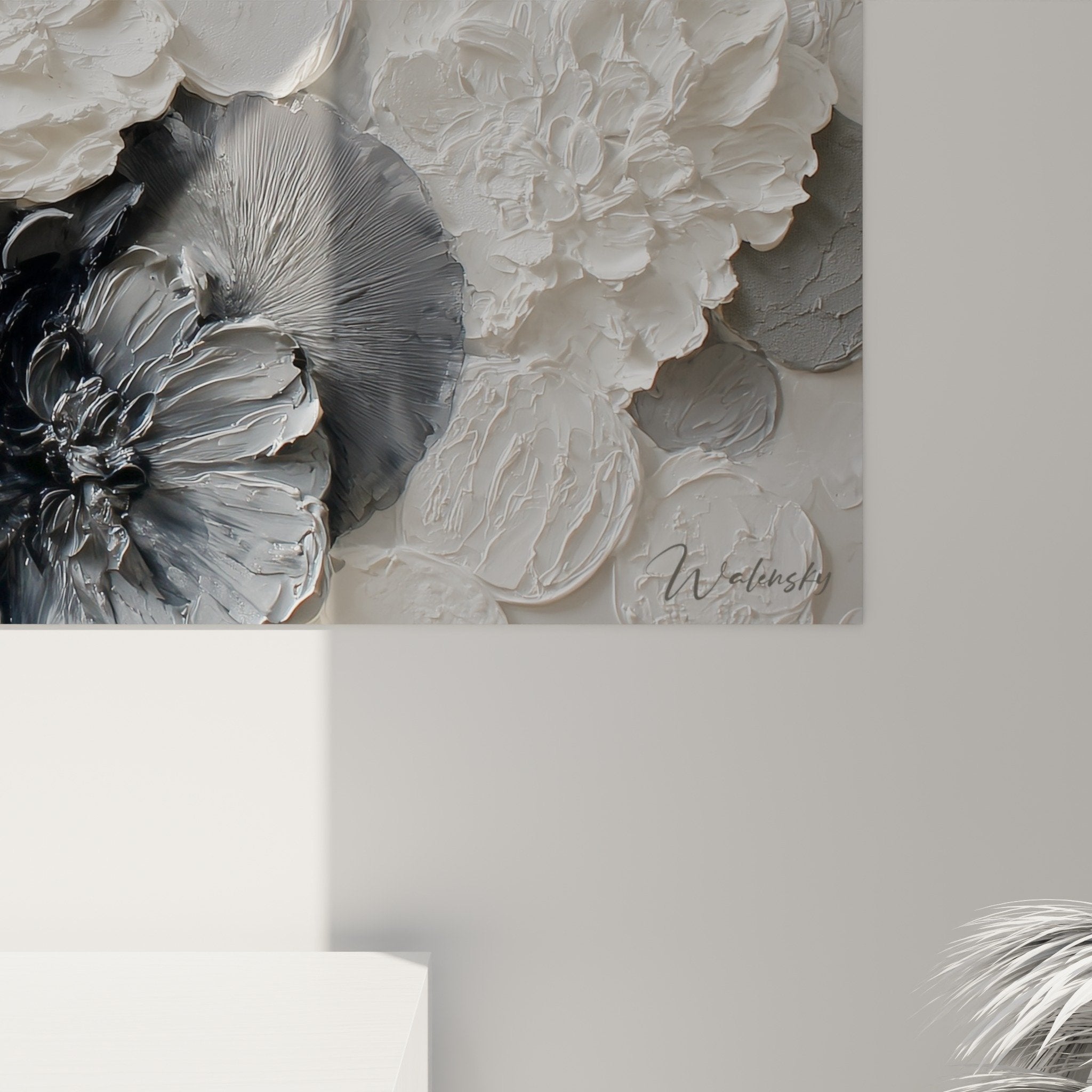 Full view white gray embossed flowers panoramic wall art feng shui northwest metal living room decoration
