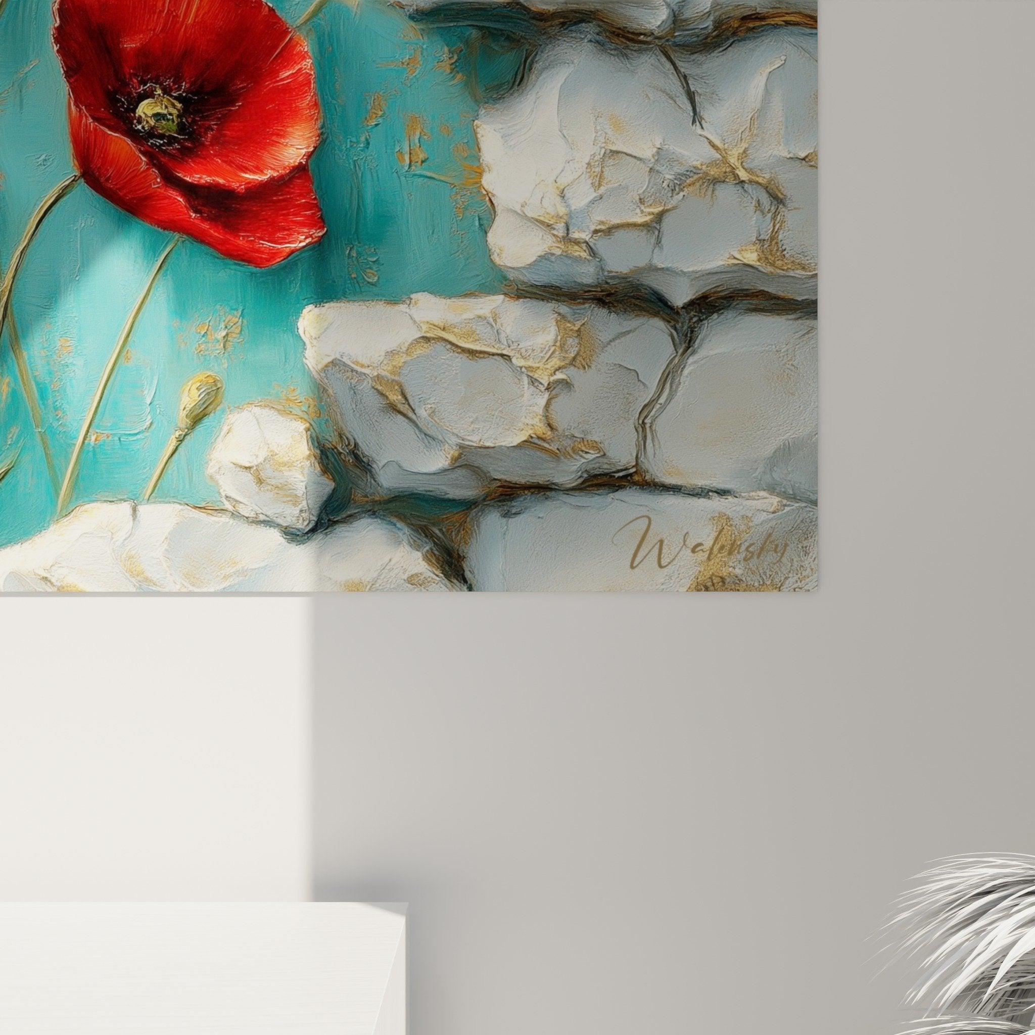 Red poppies turquoise wall art panoramic composition, artistic floral mural view
