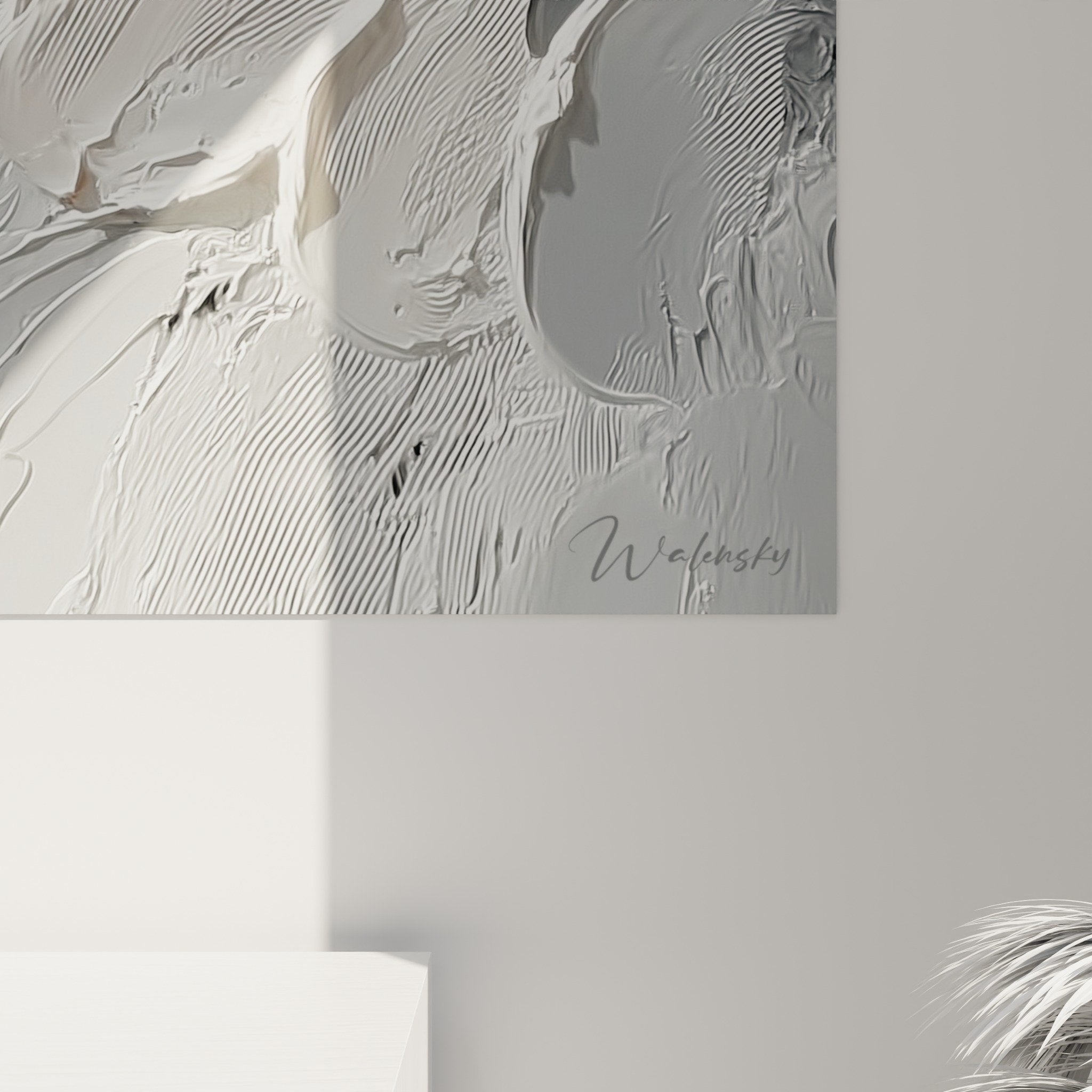 Vue ensemble tableau mural fleurs sculptees blanc gris decoration feng shui