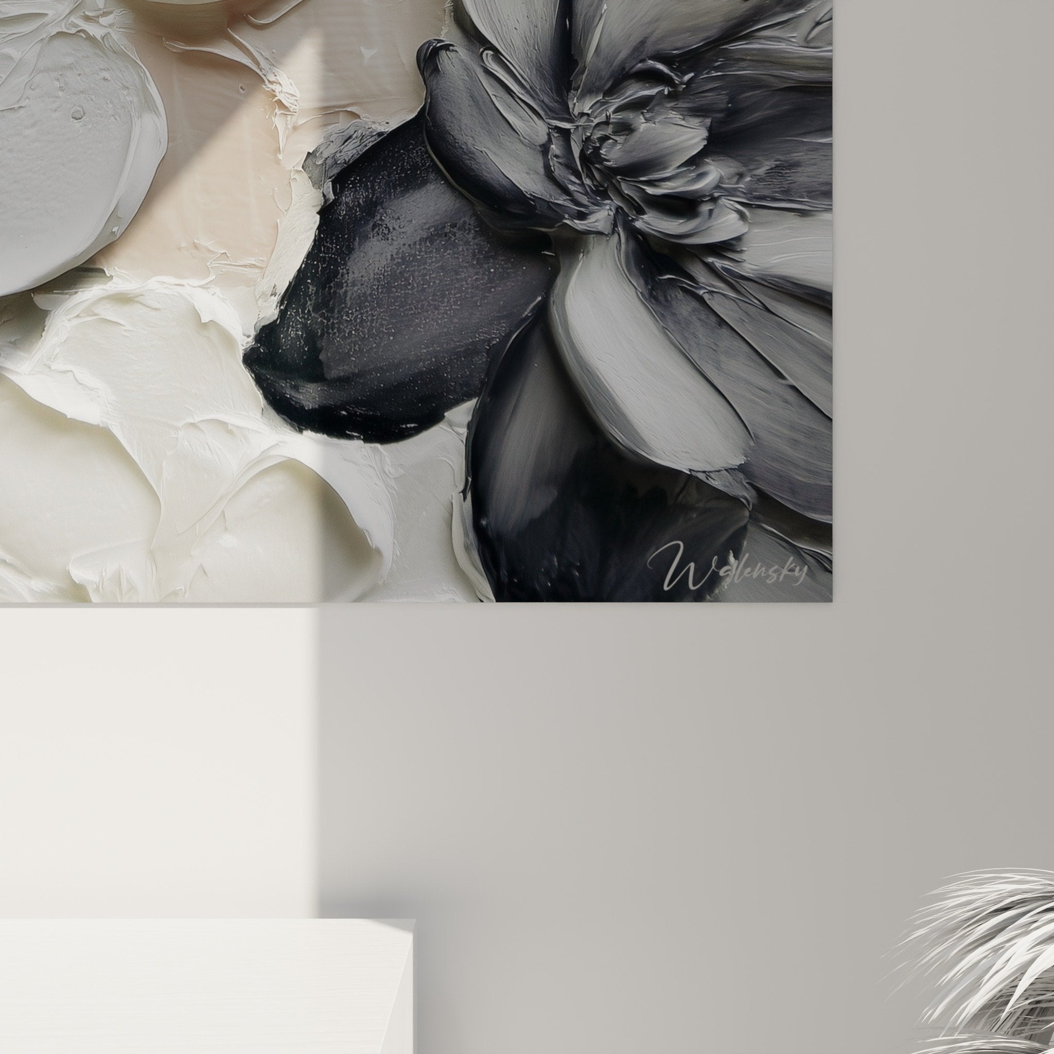 Full view textured flower canvas with white gray relief wall art feng shui northwest metal decor
