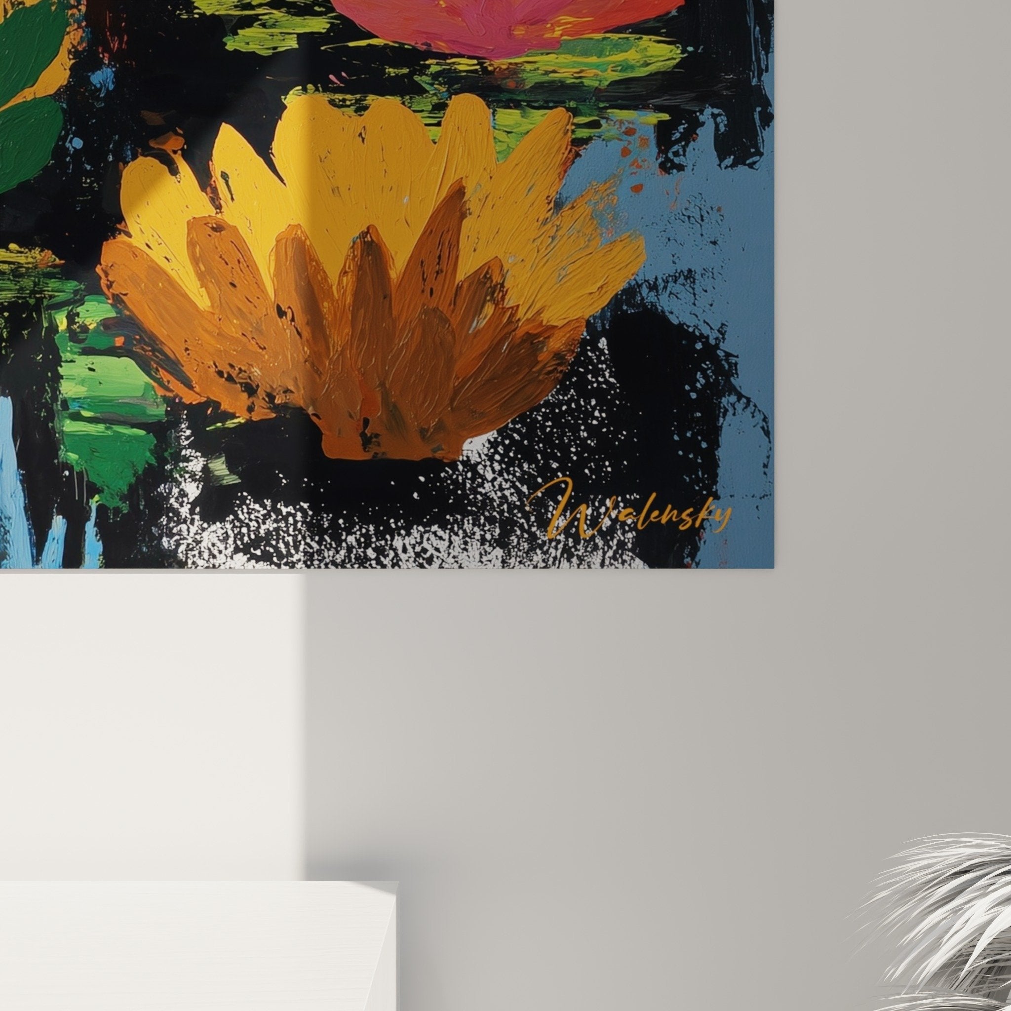 Gesamtansicht cubistisches Blumenbild moderne Innendekoration Wandgestaltung mehrfarbige Farbpalette