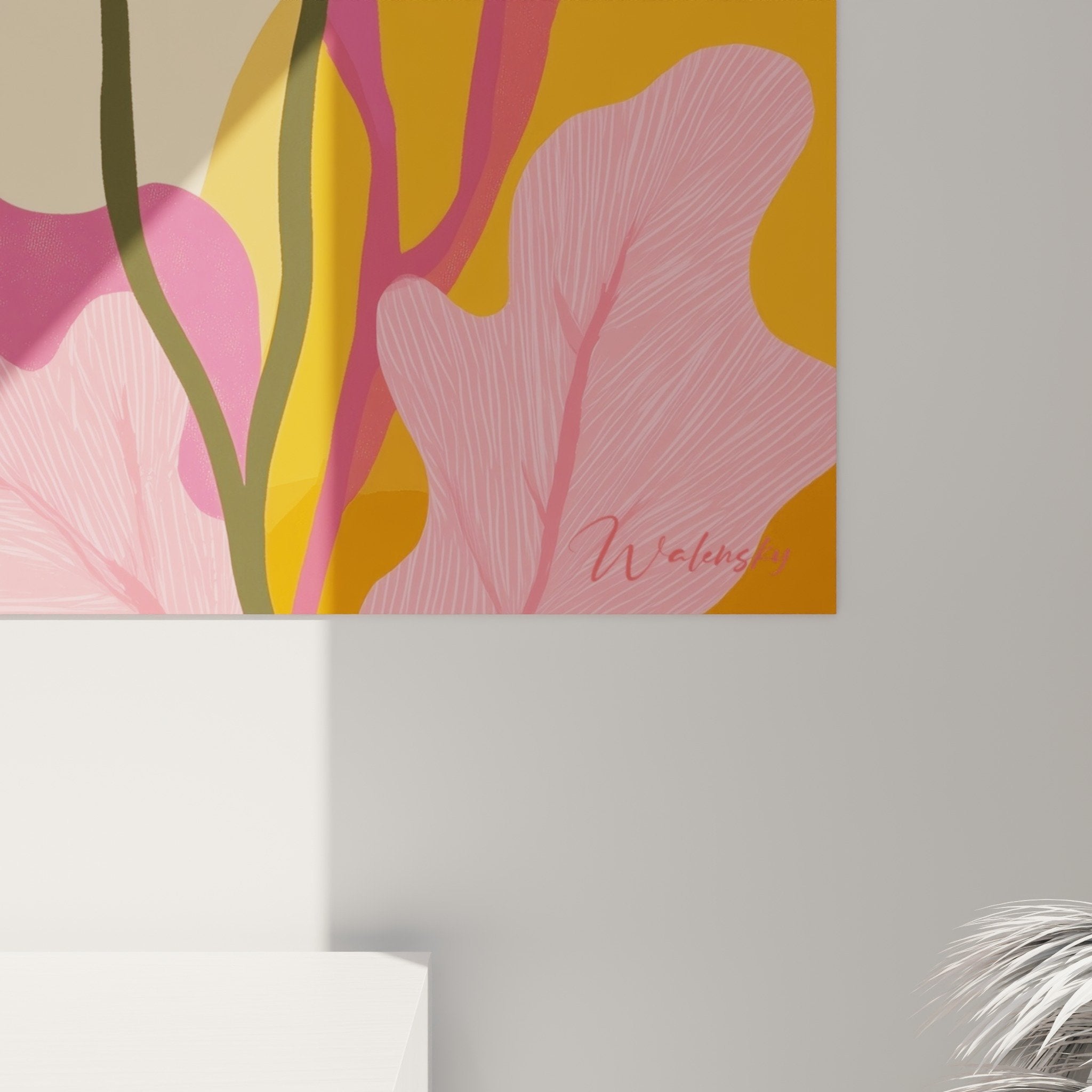 Gesamtansicht florales Gemälde in warmen Tönen moderne Inneneinrichtung