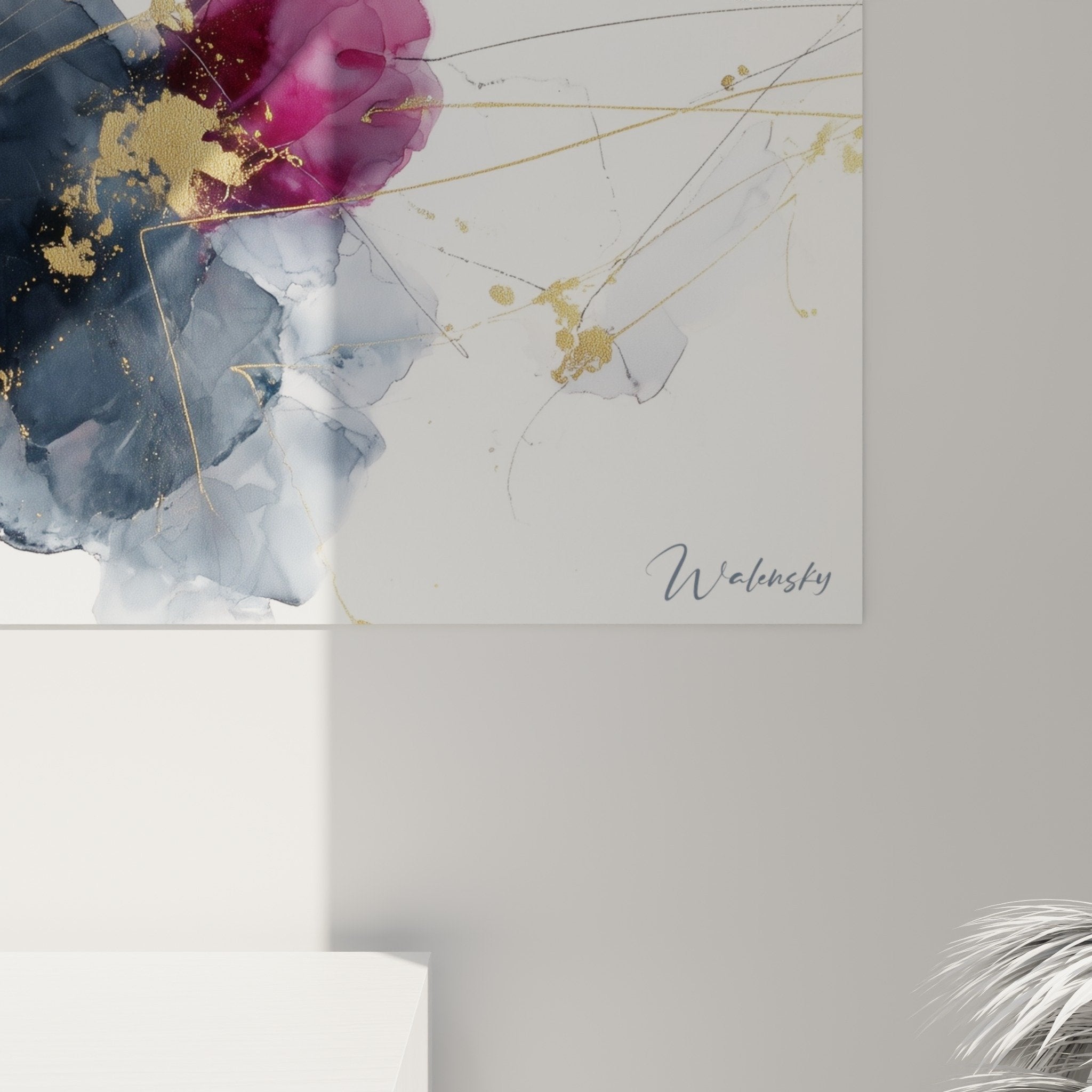 Overall view of purple blue watercolor floral wall art interior decoration feng shui