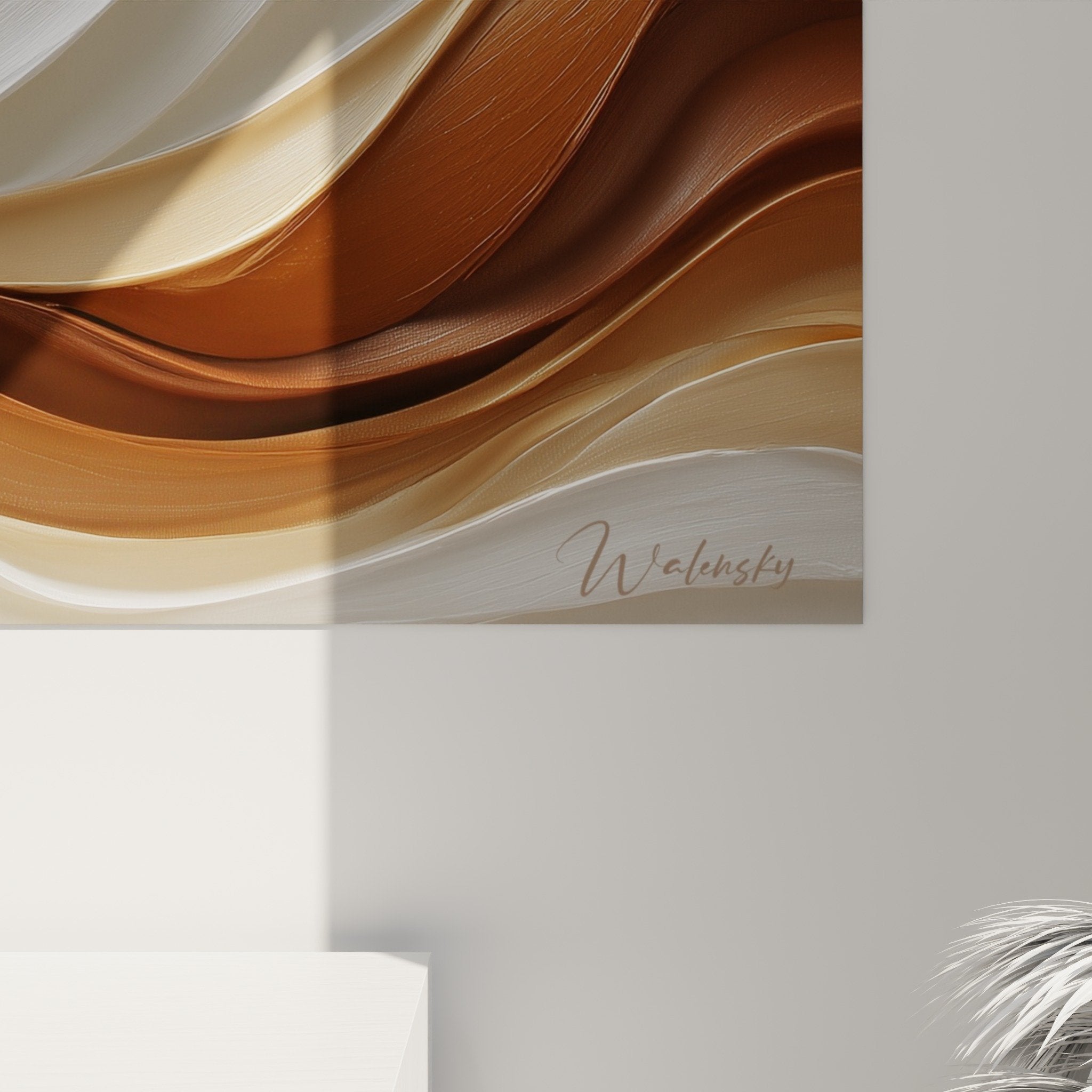 Gesamtansicht des Wandbildes mit welligen beigen und kupferfarbenen Flüssen, Feng-Shui-Wanddekoration, Erdmitte