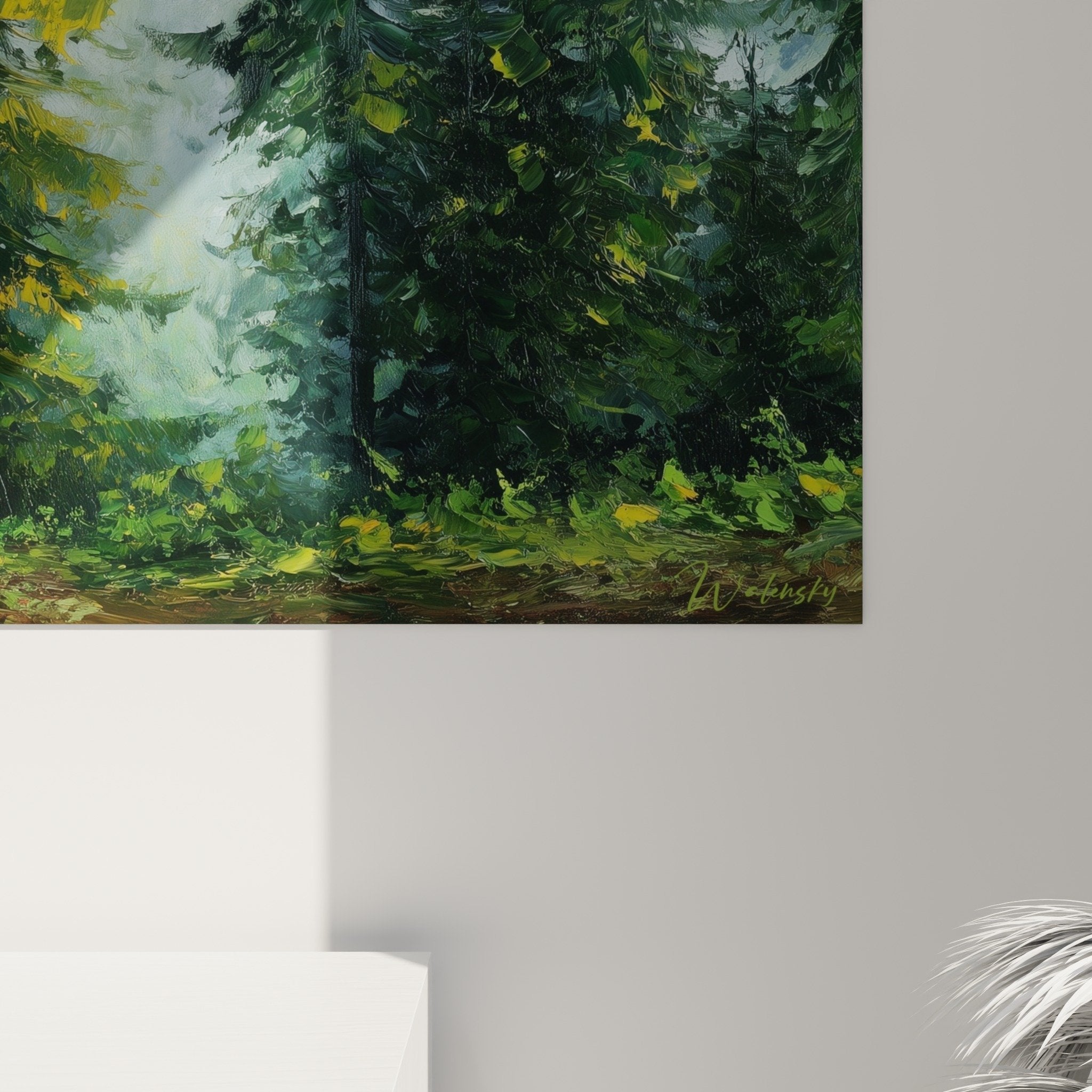 Vue ensemble tableau foret coniferes brume atmosphere sylvestre tons verts naturels decoration feng shui est bois