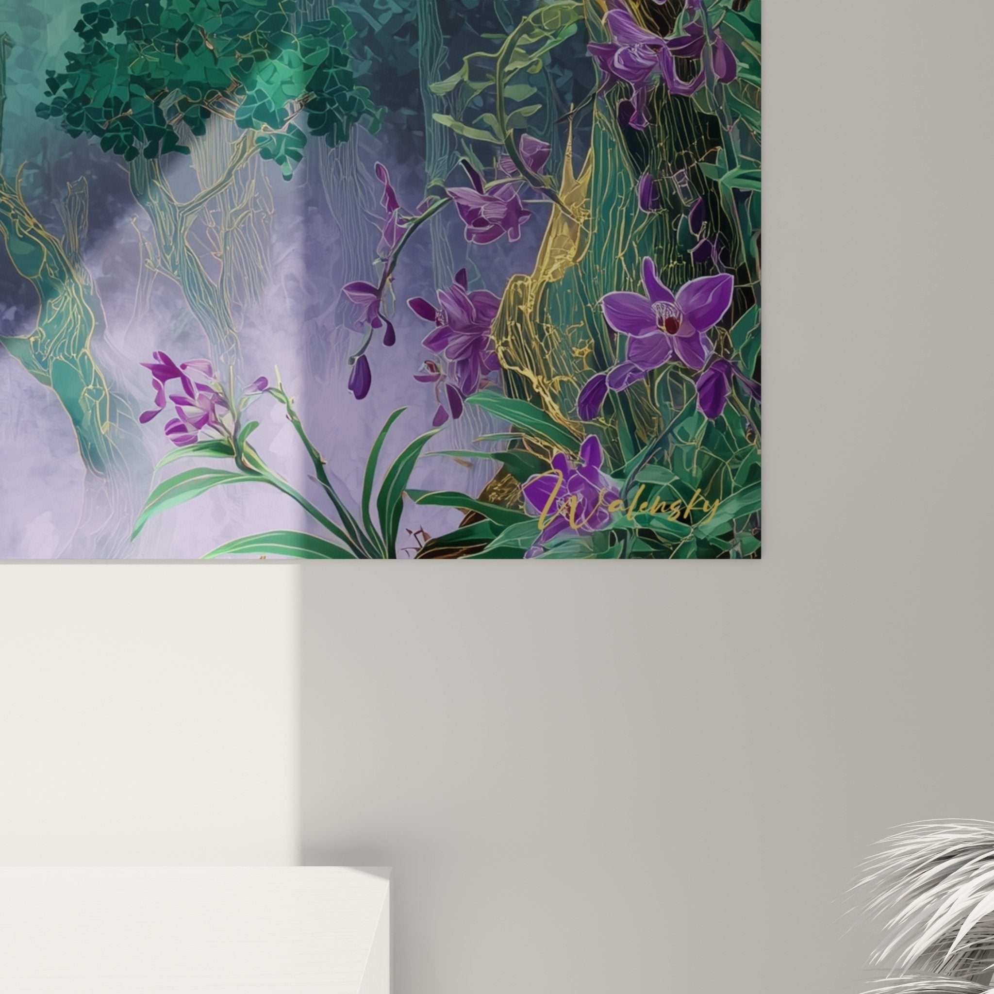 Vue ensemble tableau foret enchantee tons turquoise dores decoration murale feng shui sud-est bois