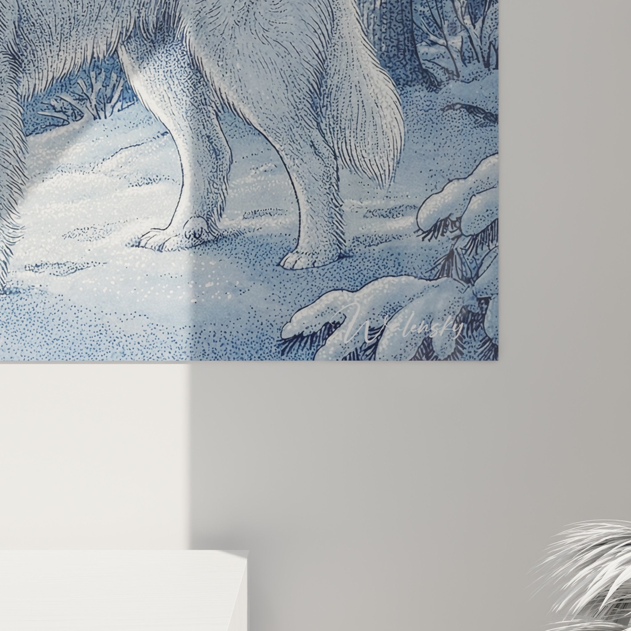Gesamtansicht Wandbild verschneiter Wald mit weißem Hund, nordische Wanddekoration für modernes Wohnzimmer