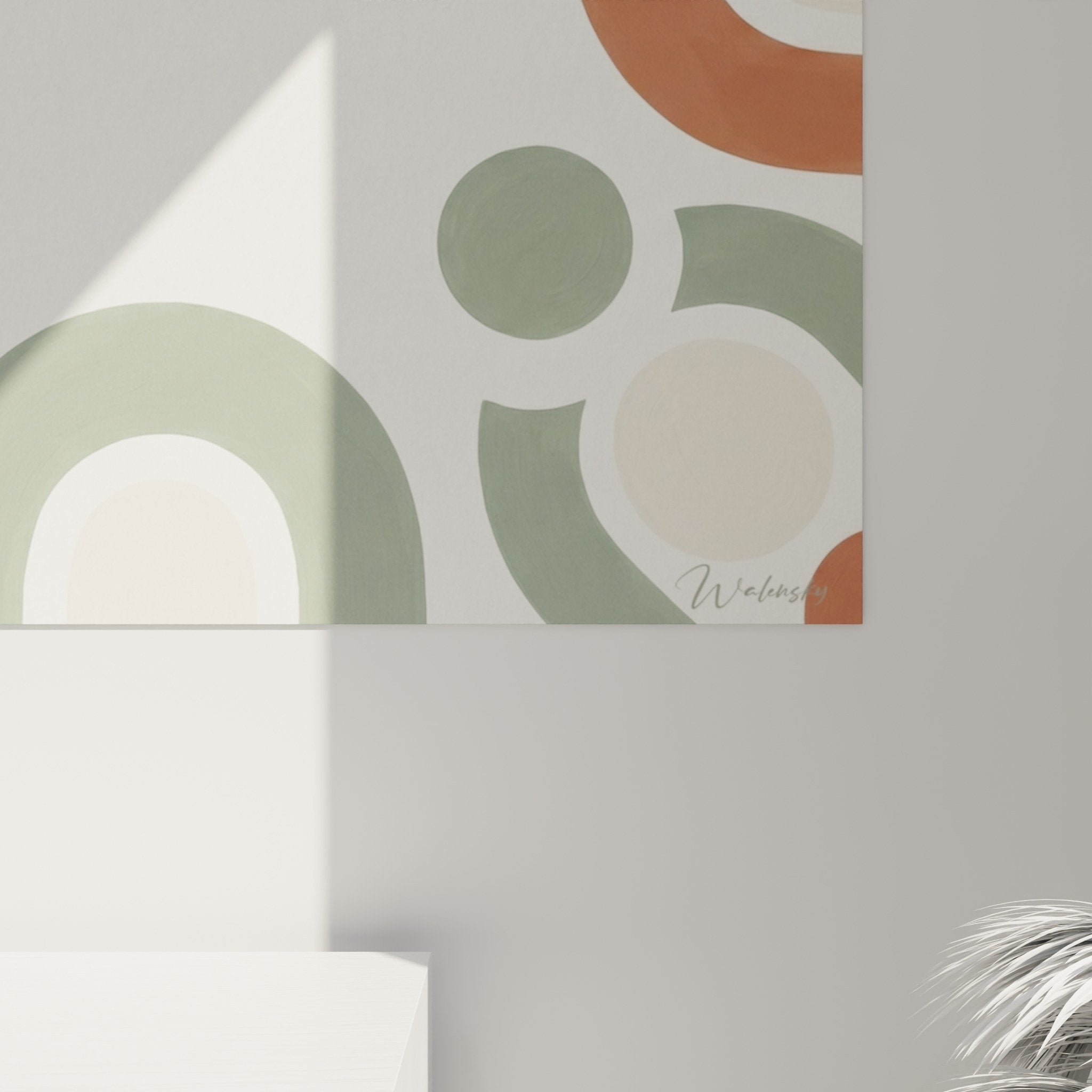 Vue ensemble tableau formes circulaires palette naturelle decoration interieur moderne epure