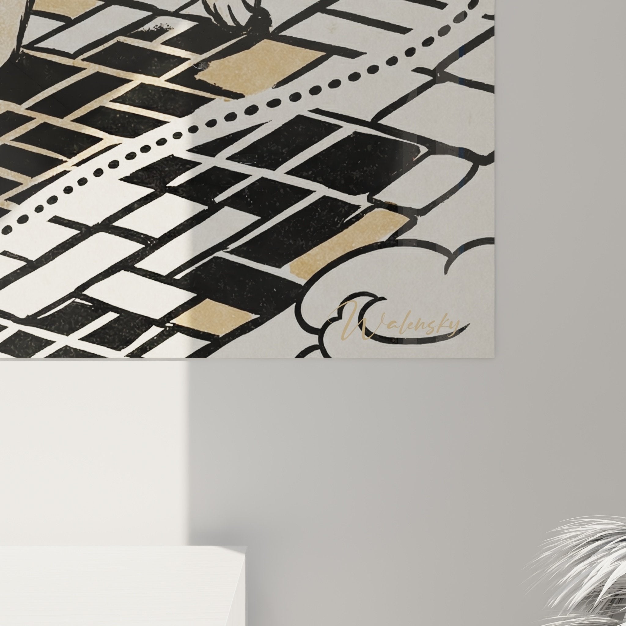 Vue ensemble tableau Fox Terrier carrelage geometrique decoration murale art contemporain chien