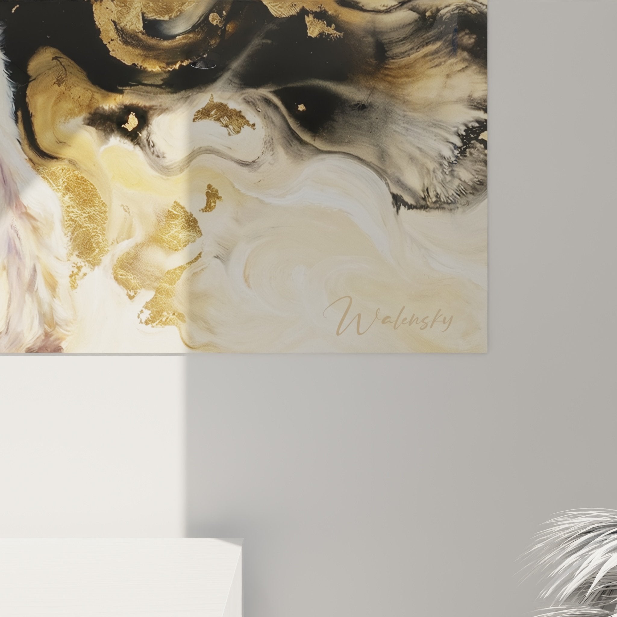 Vue d'ensemble tableau Fox Terrier fond marbré doré noir composition artistique décoration murale