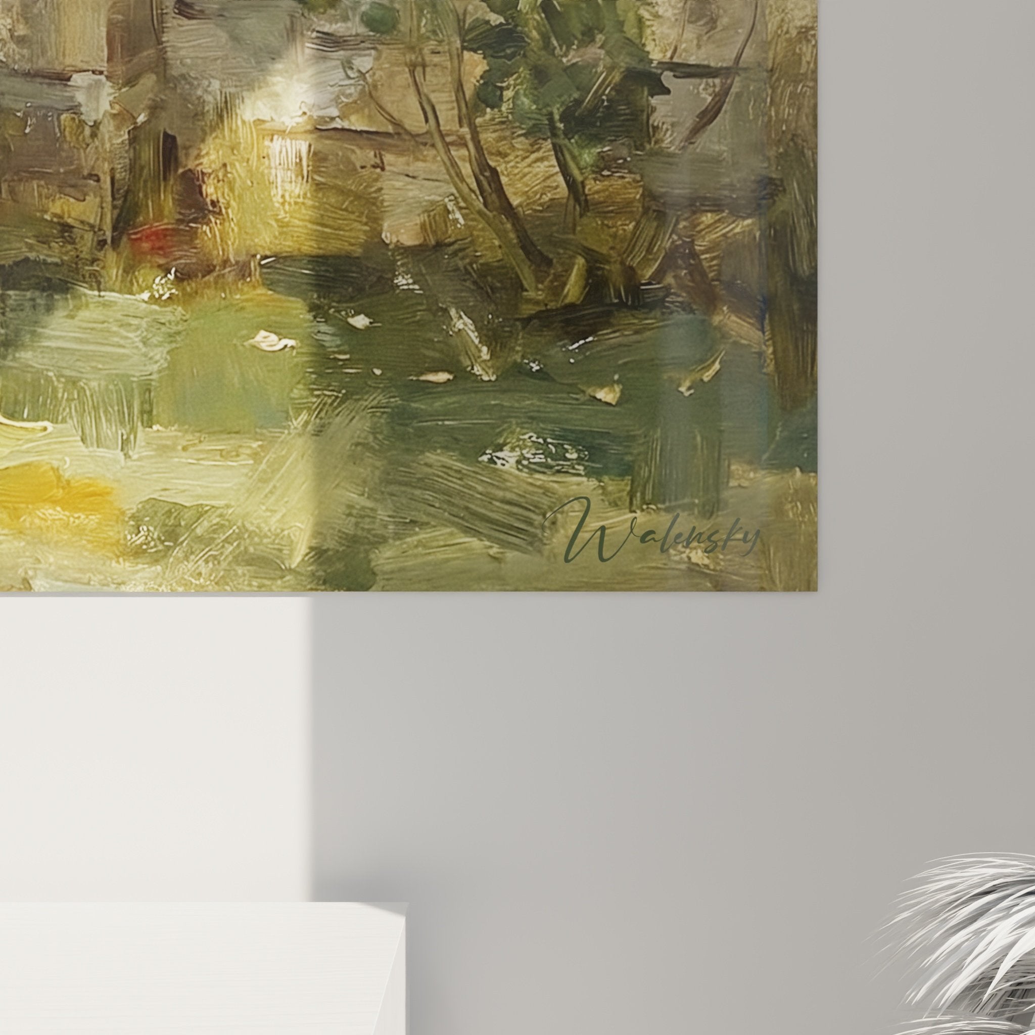 Vue ensemble tableau Fox Terrier jardin anglais roses grimpantes décoration murale champêtre