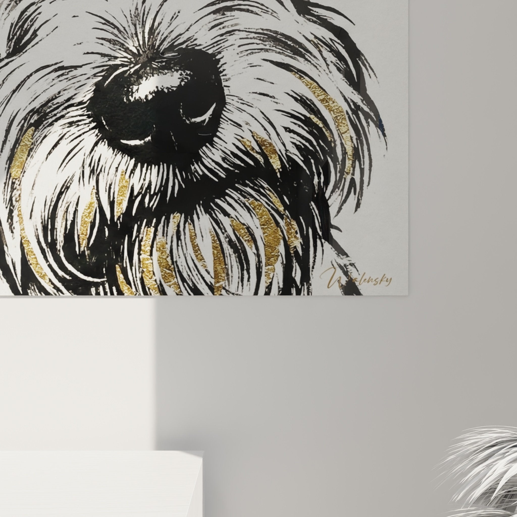 Vue ensemble tableau Fox Terrier portrait canin noir blanc dore decoration interieur moderne epure